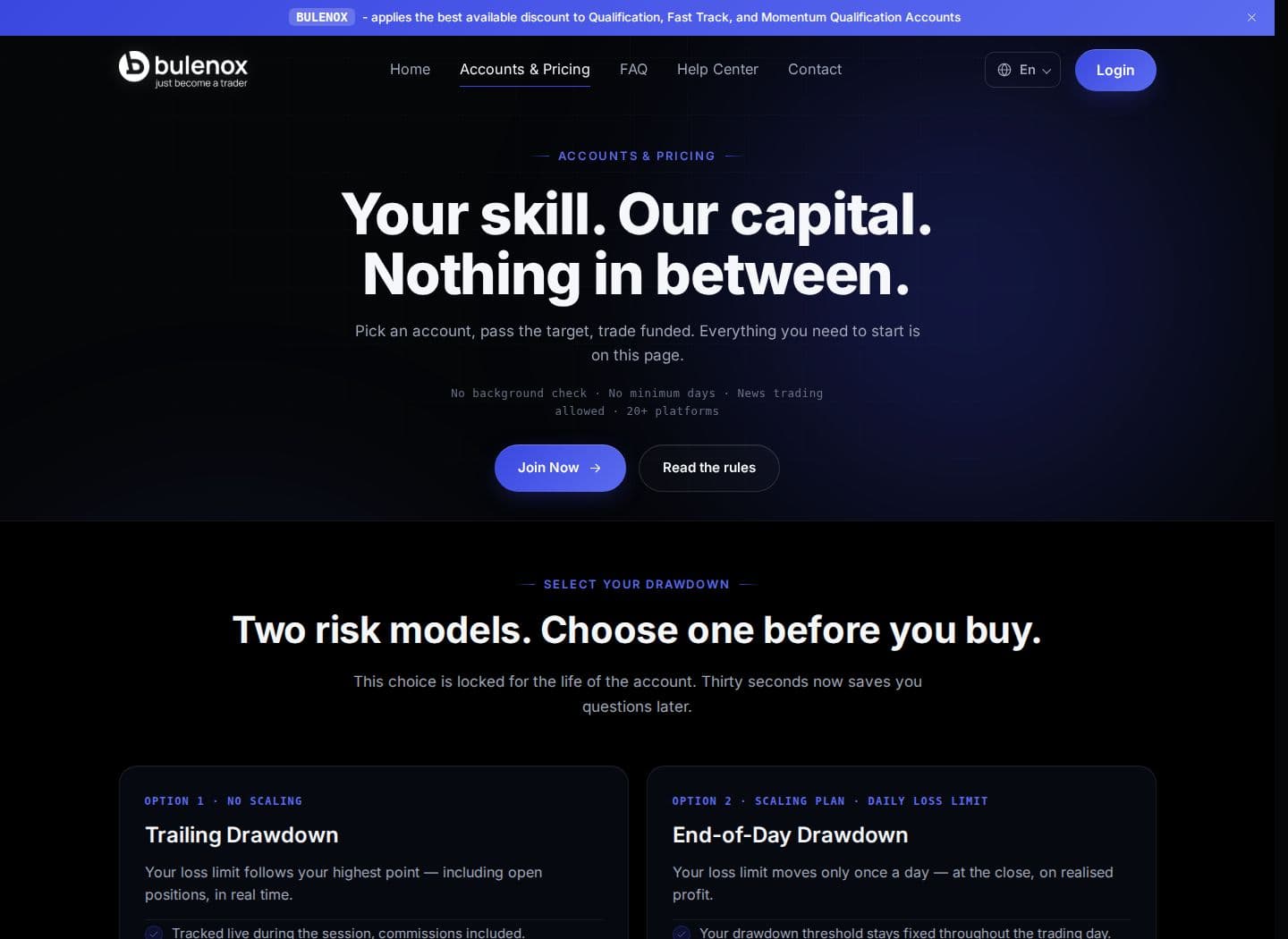 Bulenox pricing page, October 2026