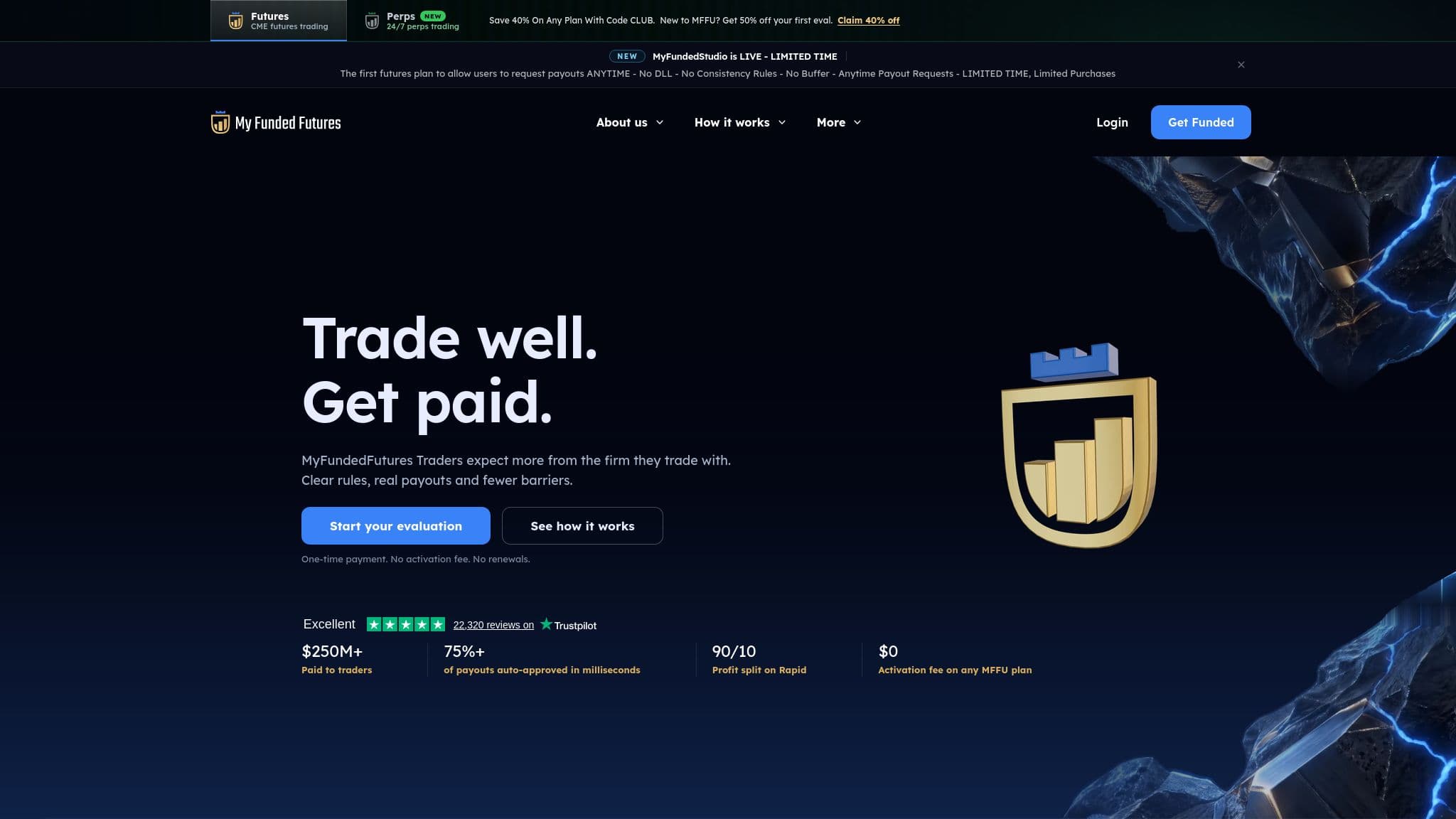 My Funded Futures homepage with its futures evaluation offer and payout stats, October 2026