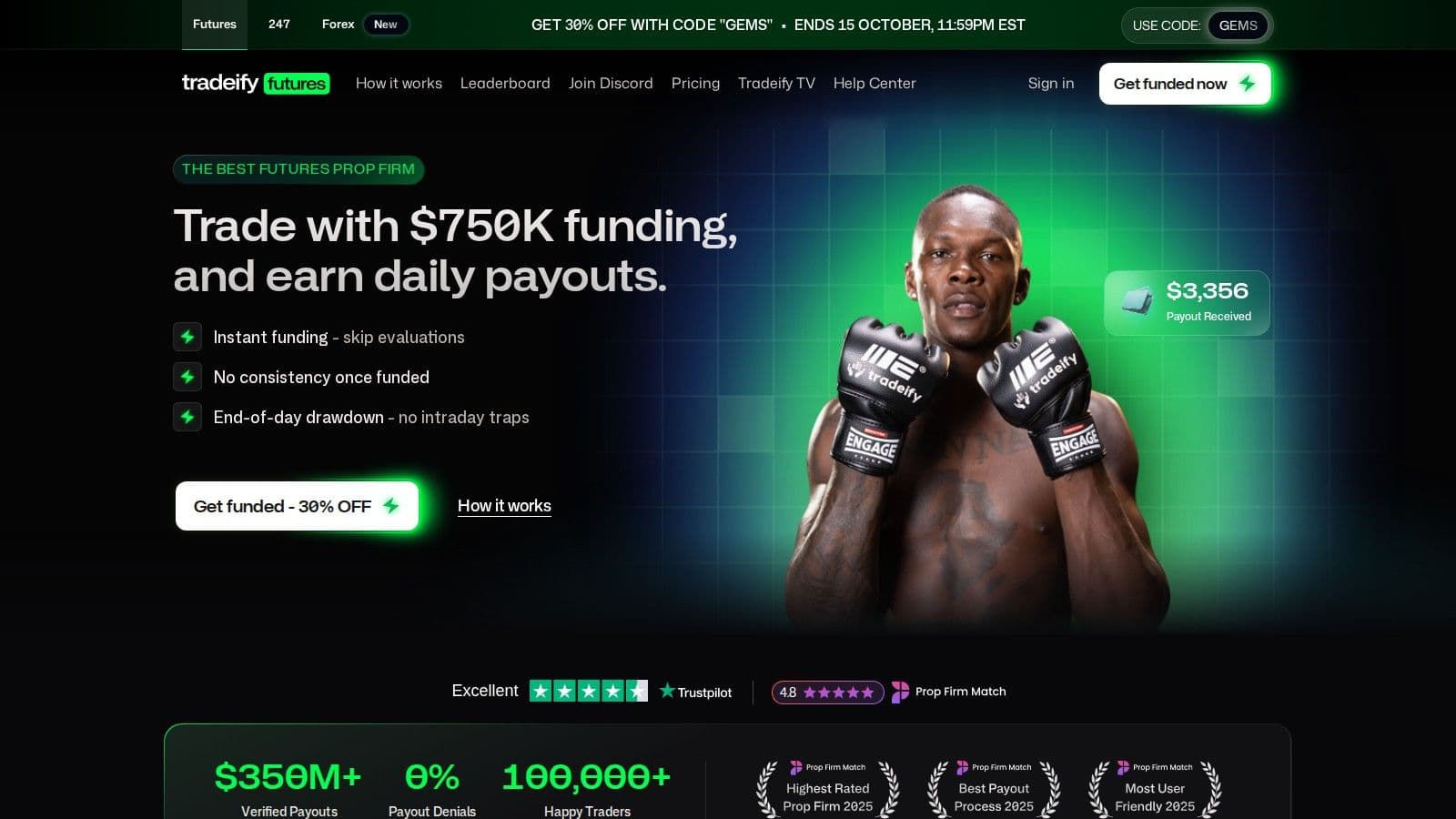 Tradeify homepage, October 2026
