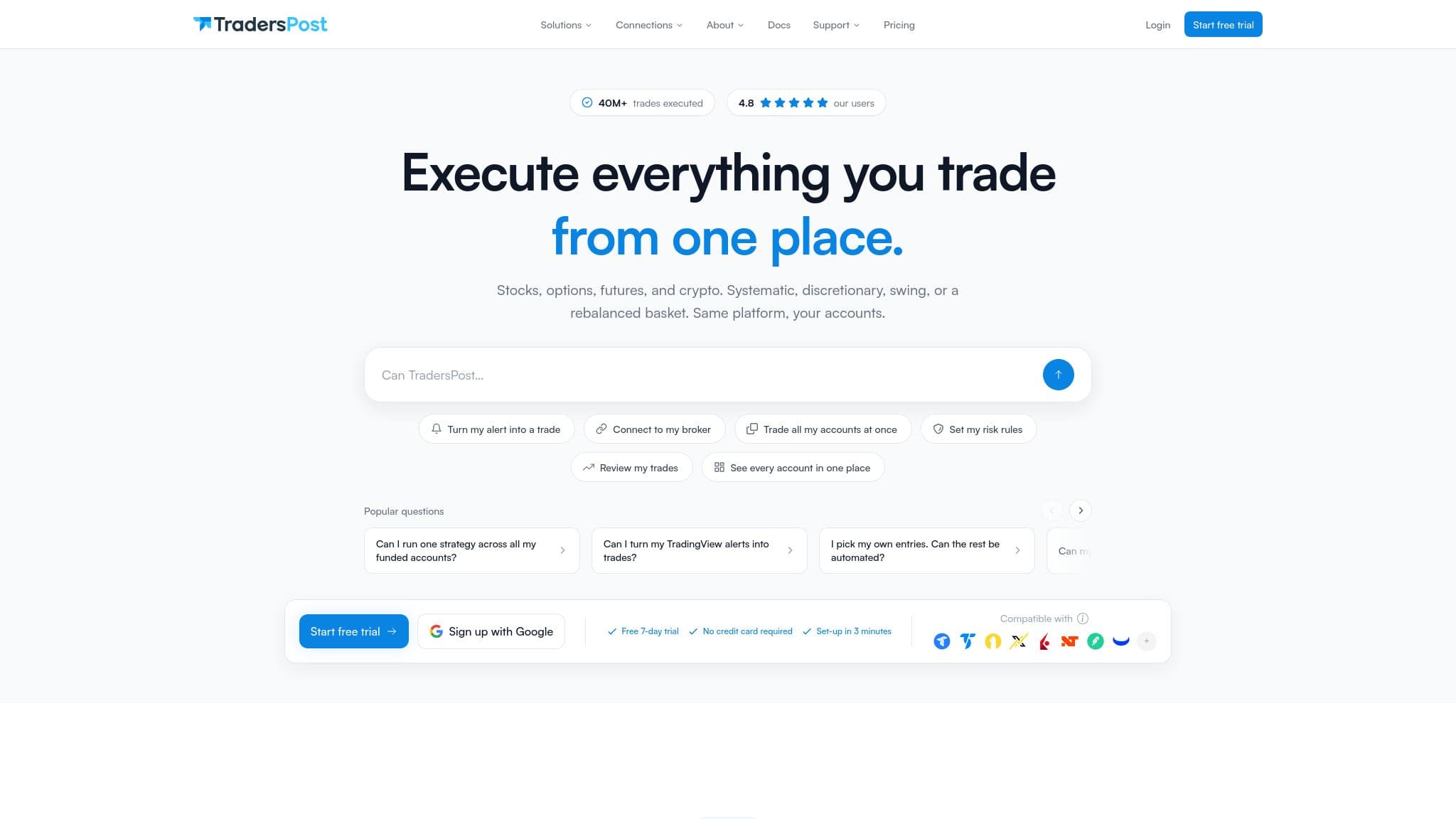 TradersPost homepage showing its automated trading platform for stocks, options, futures and crypto, October 2026