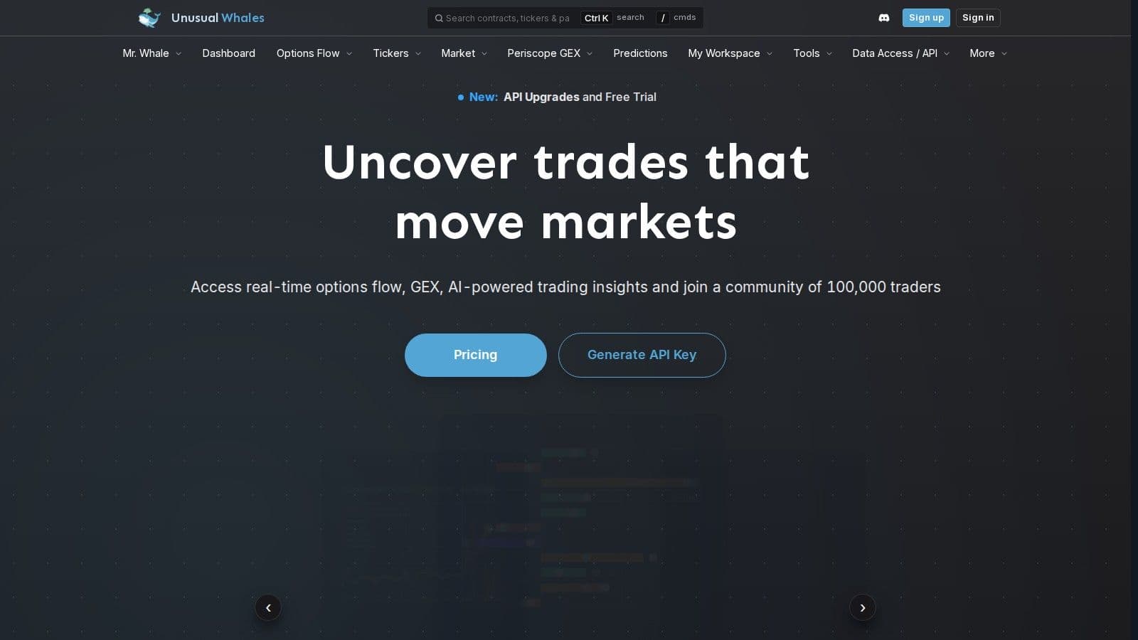 Unusual Whales homepage, October 2026