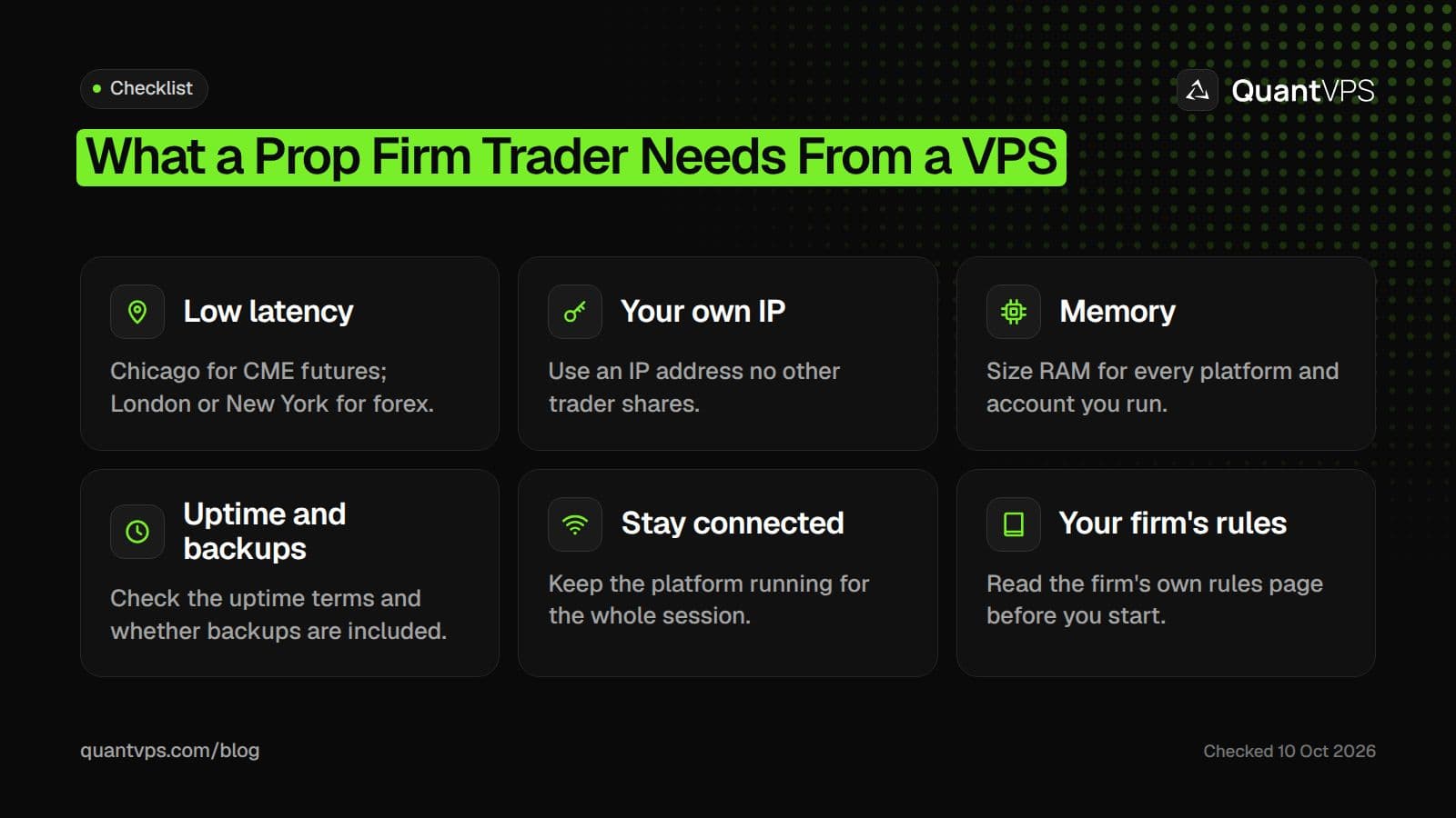 Checklist of what a prop firm trader needs from a VPS: low latency from the right location, your own IP address, enough memory, uptime and backups, a connection that stays up for the session, and the firm's own rules page