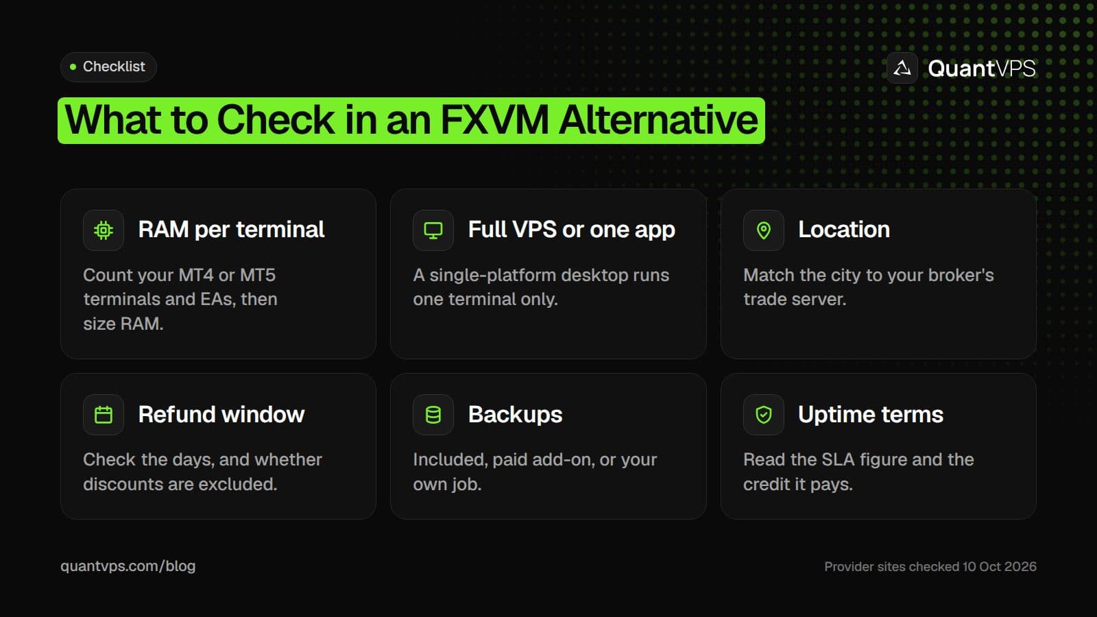 Checklist for choosing an FXVM alternative: RAM per terminal, full VPS or single app, location, refund window, backups and uptime terms