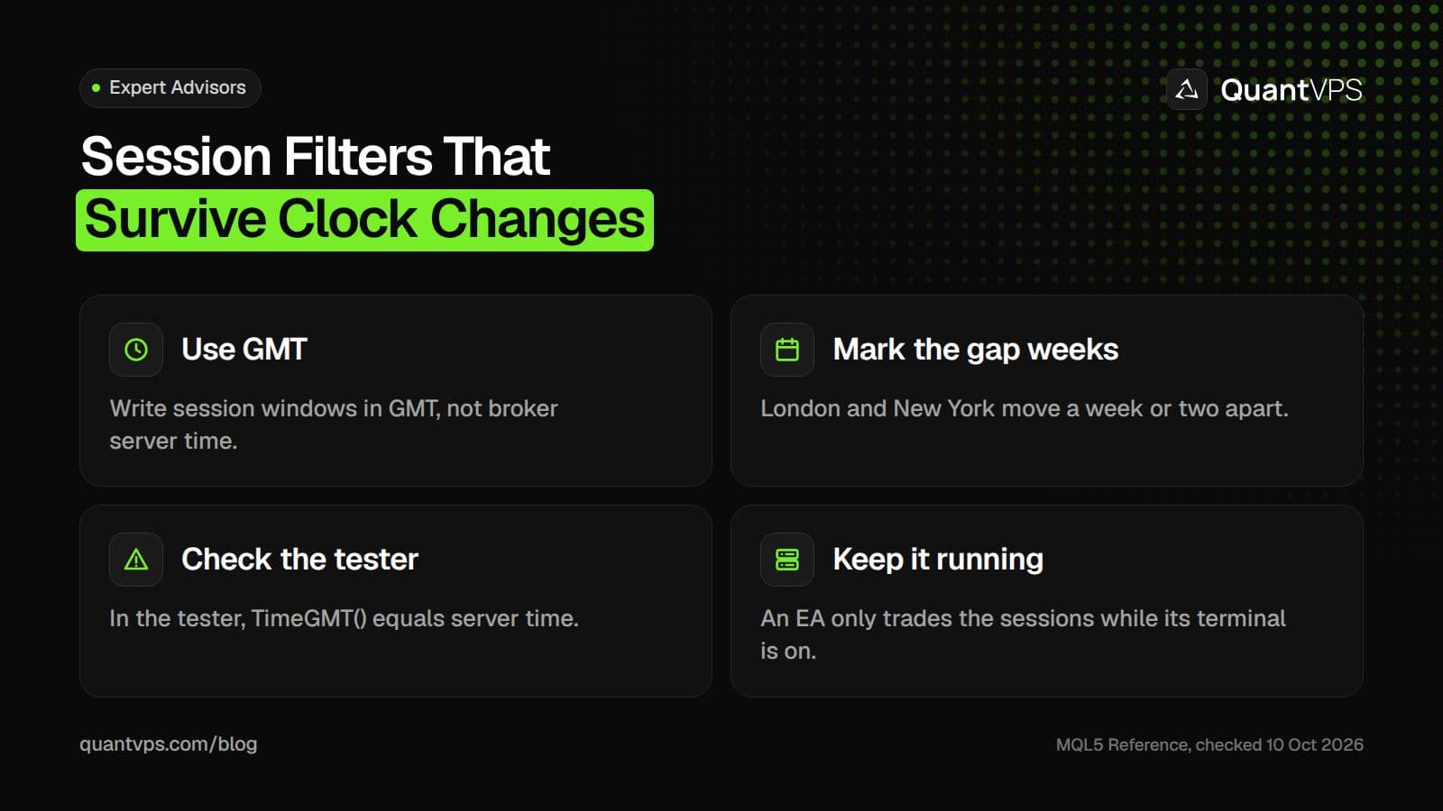 Four points for Expert Advisor session filters: write session windows in GMT rather than broker server time, mark the weeks when London and New York change clocks on different dates, remember that TimeGMT() equals server time in the strategy tester, and keep the terminal running so the EA can trade every session.