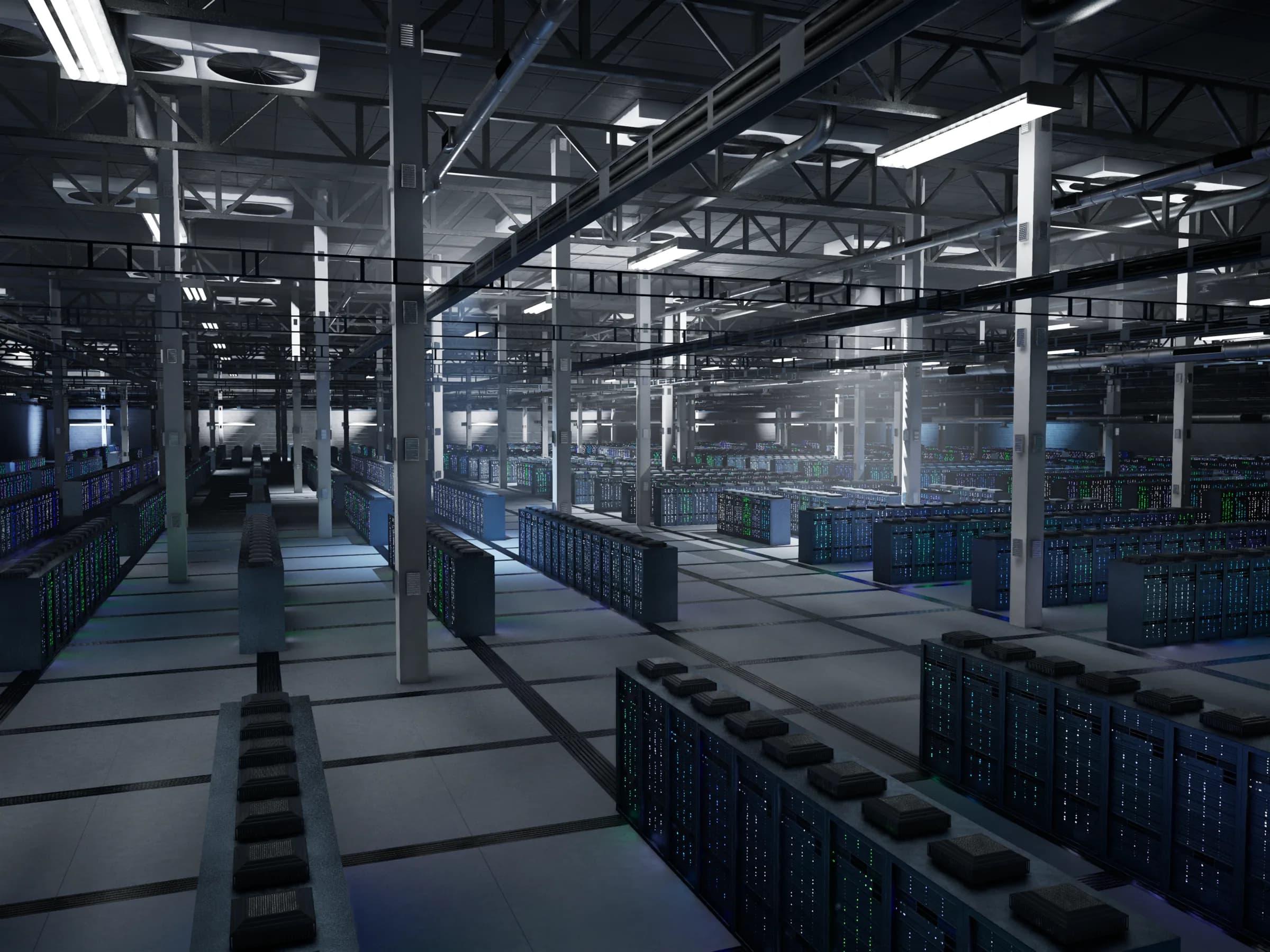 Datacenter floor with rows of server racks behind controlled access