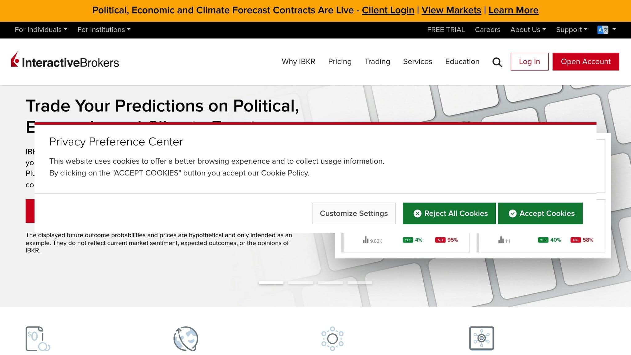 Interactive Brokers homepage with its privacy preferences dialog