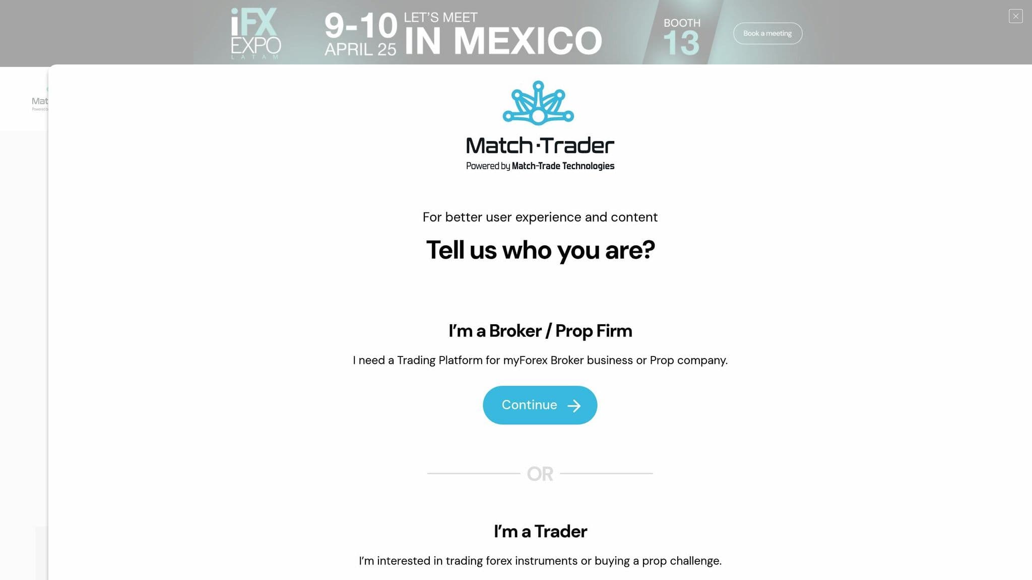 Match-Trader homepage showing broker, prop firm and trader access options