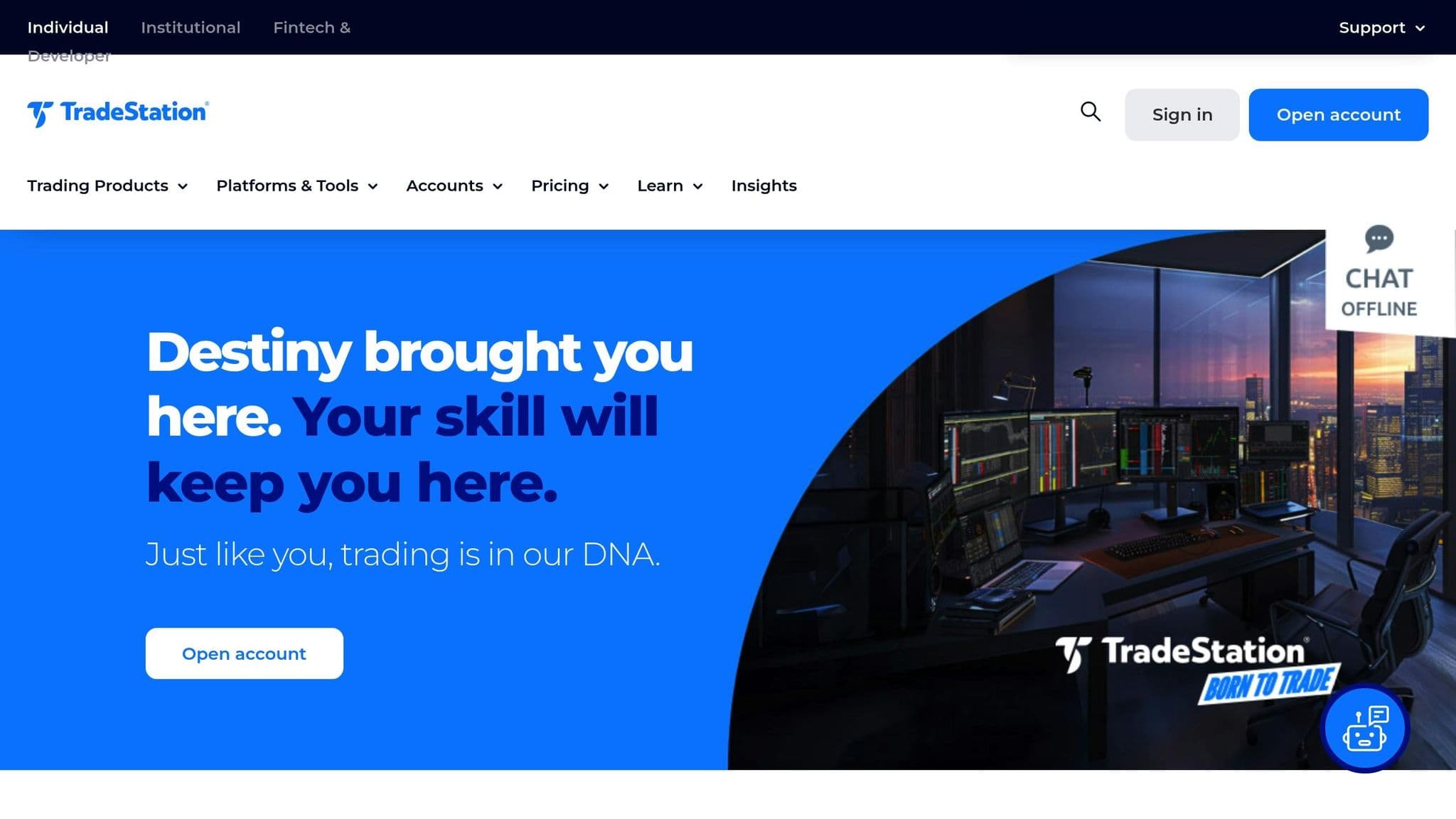 TradeStation homepage introducing its trading platform and account services