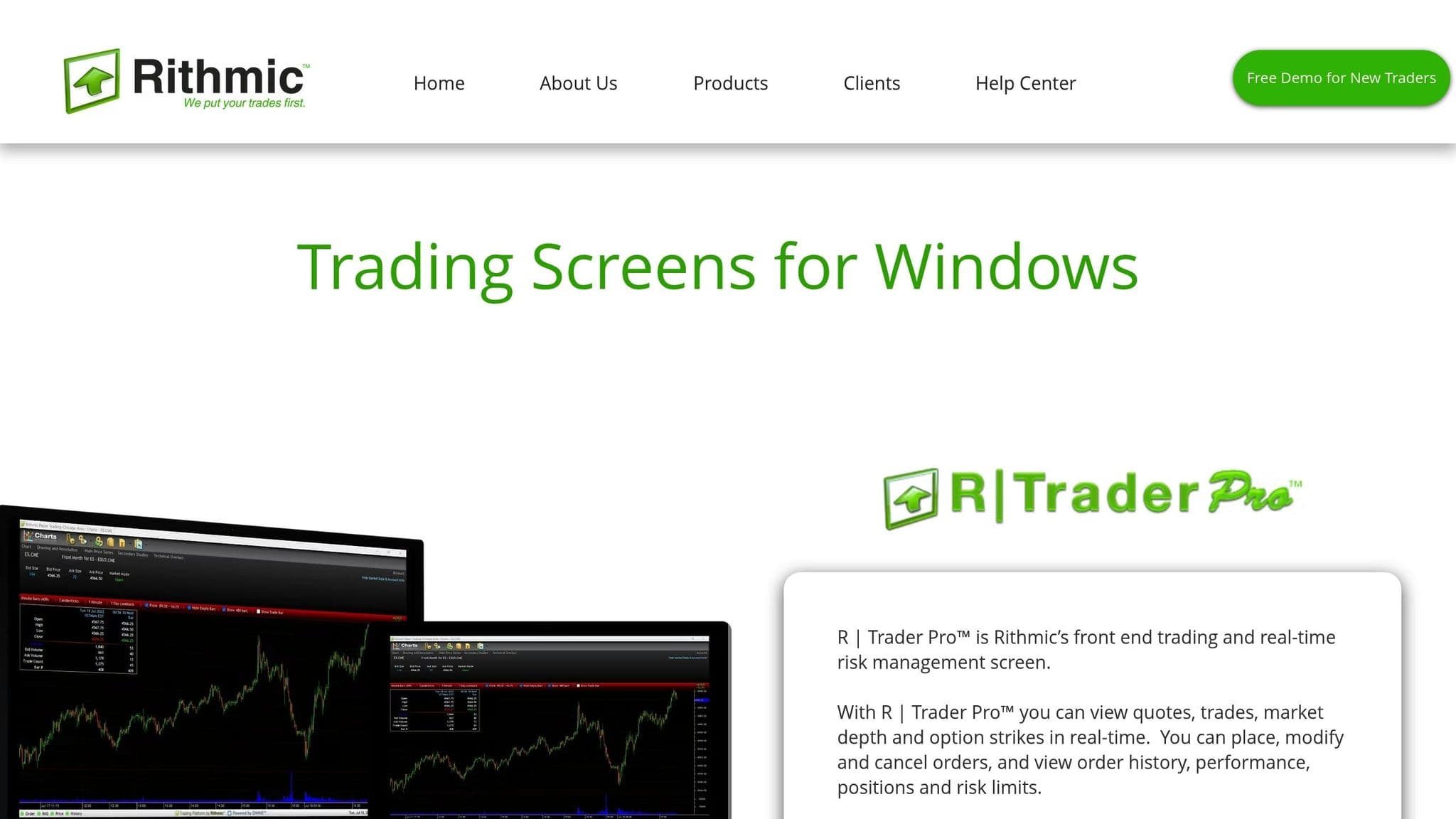 Rithmic R Trader Pro product page showing Windows trading screens