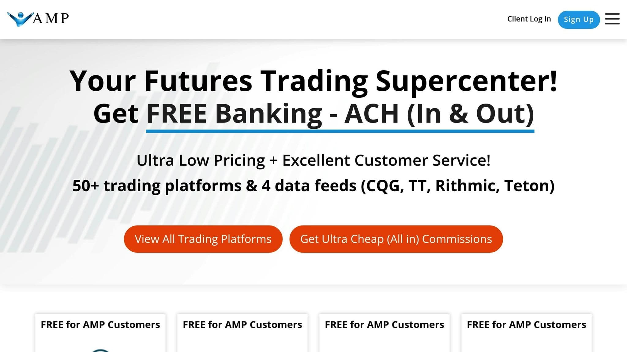 AMP Futures homepage advertising free ACH transfers and supported trading platforms