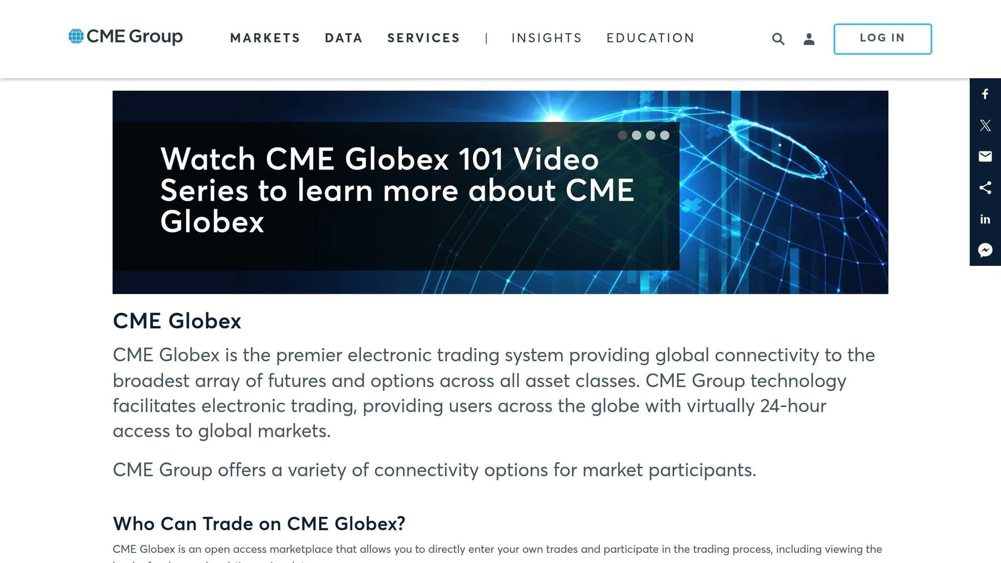 CME Globex page explaining the electronic trading platform