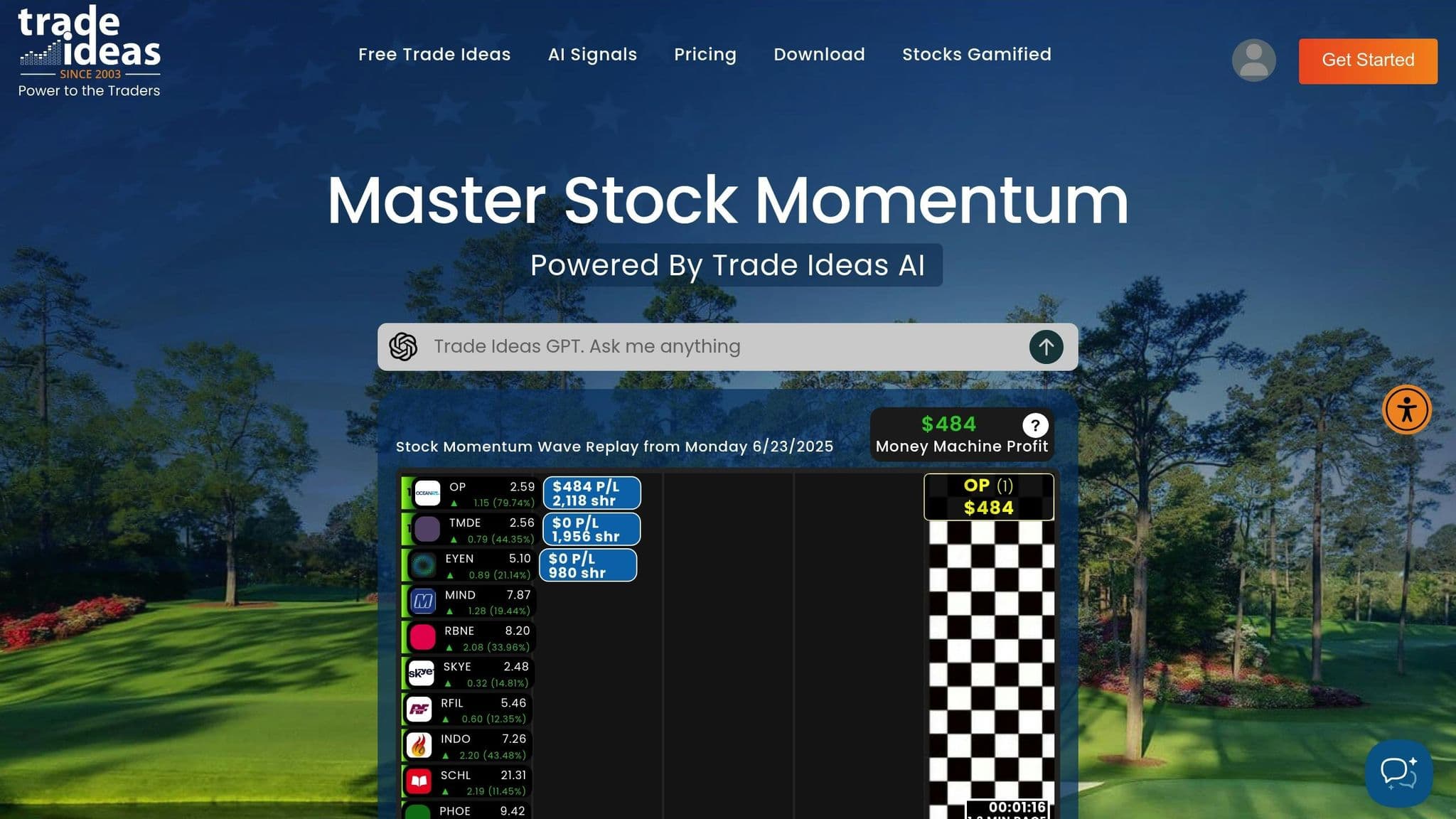 Trade Ideas homepage with real-time stock momentum signals