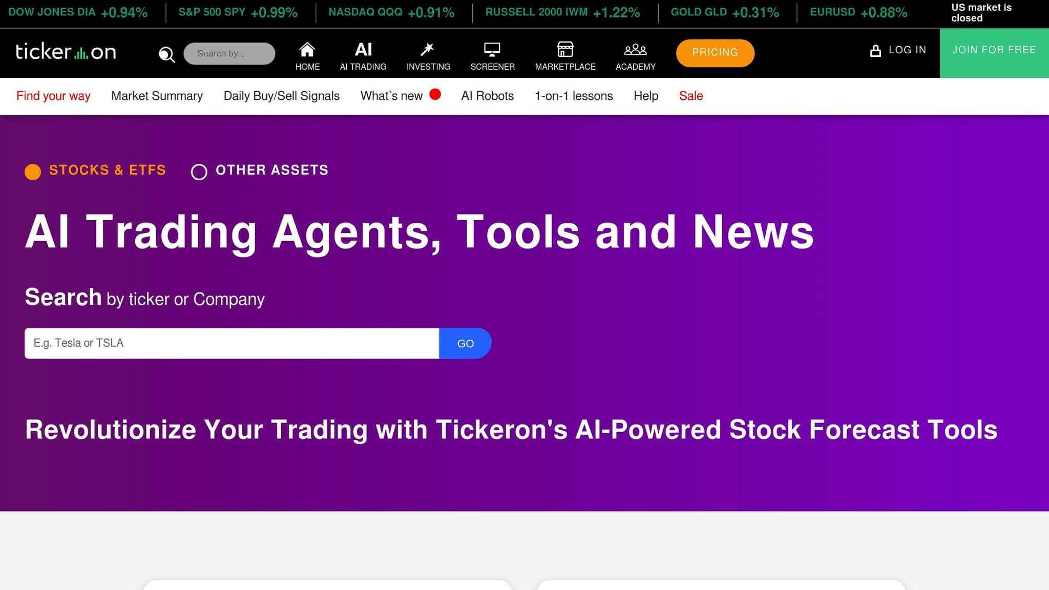 Tickeron homepage with AI trading agents, stock forecast tools and news