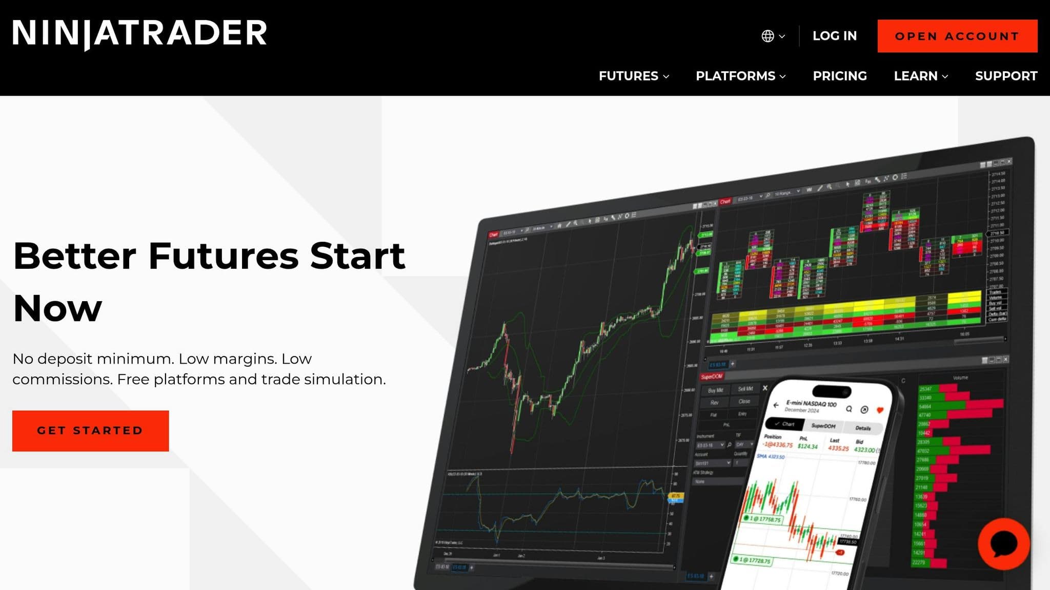 NinjaTrader homepage showing desktop and mobile futures trading platforms