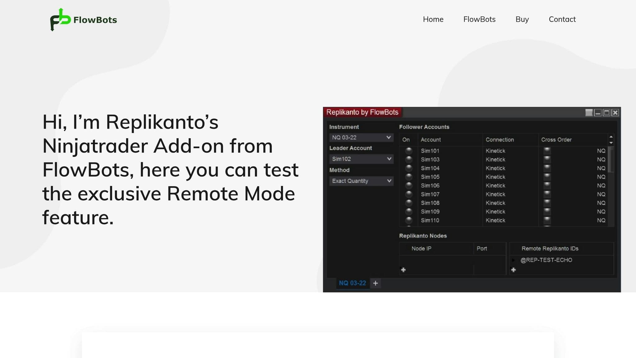 FlowBots Replikanto page showing its NinjaTrader trade copier and remote mode