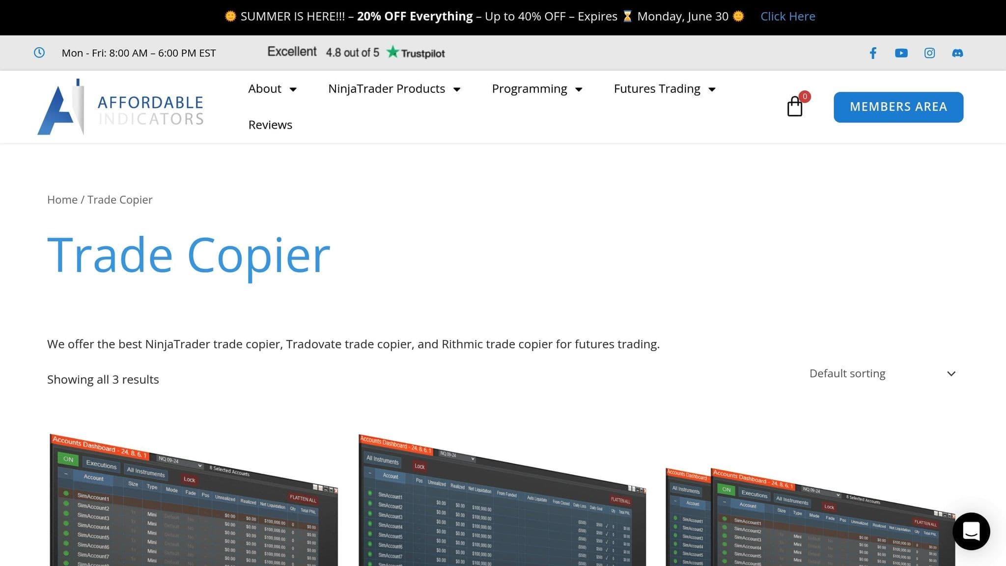 Affordable Indicators Trade Copier page showing its NinjaTrader copying tools