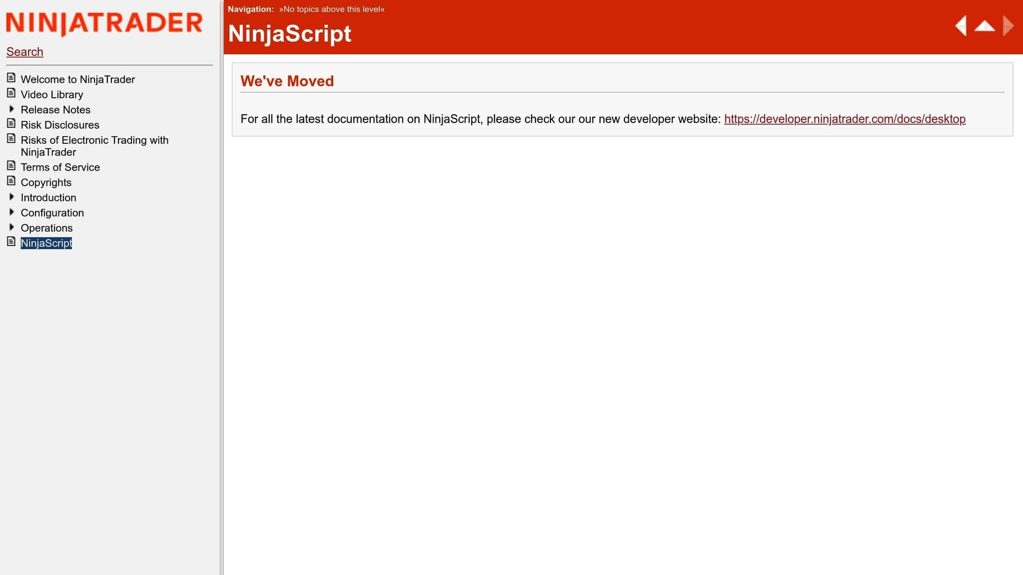 NinjaTrader NinjaScript documentation page displaying a site relocation notice