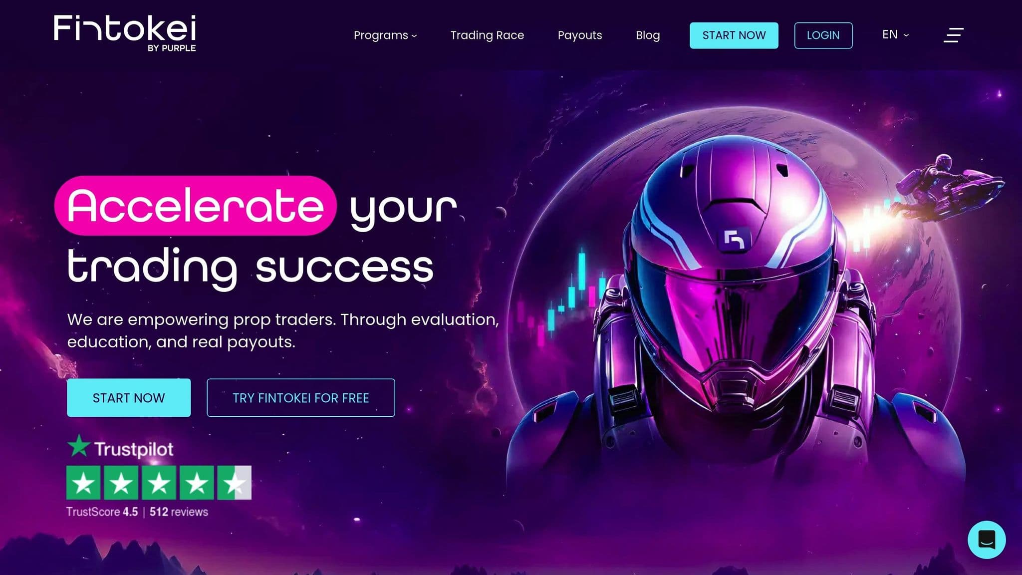 Fintokei homepage introducing its trader funding and education programs