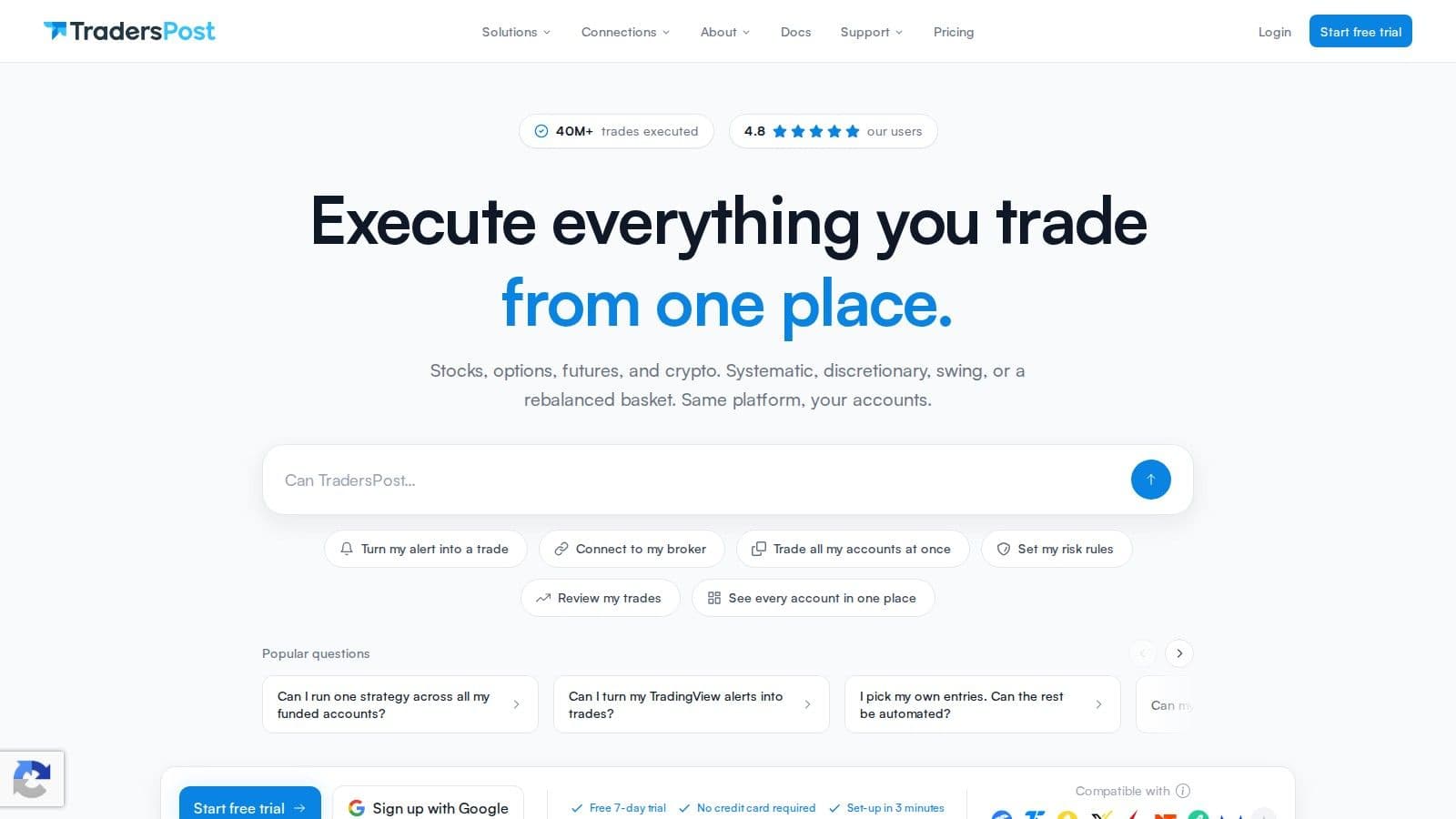 TradersPost homepage, October 2026