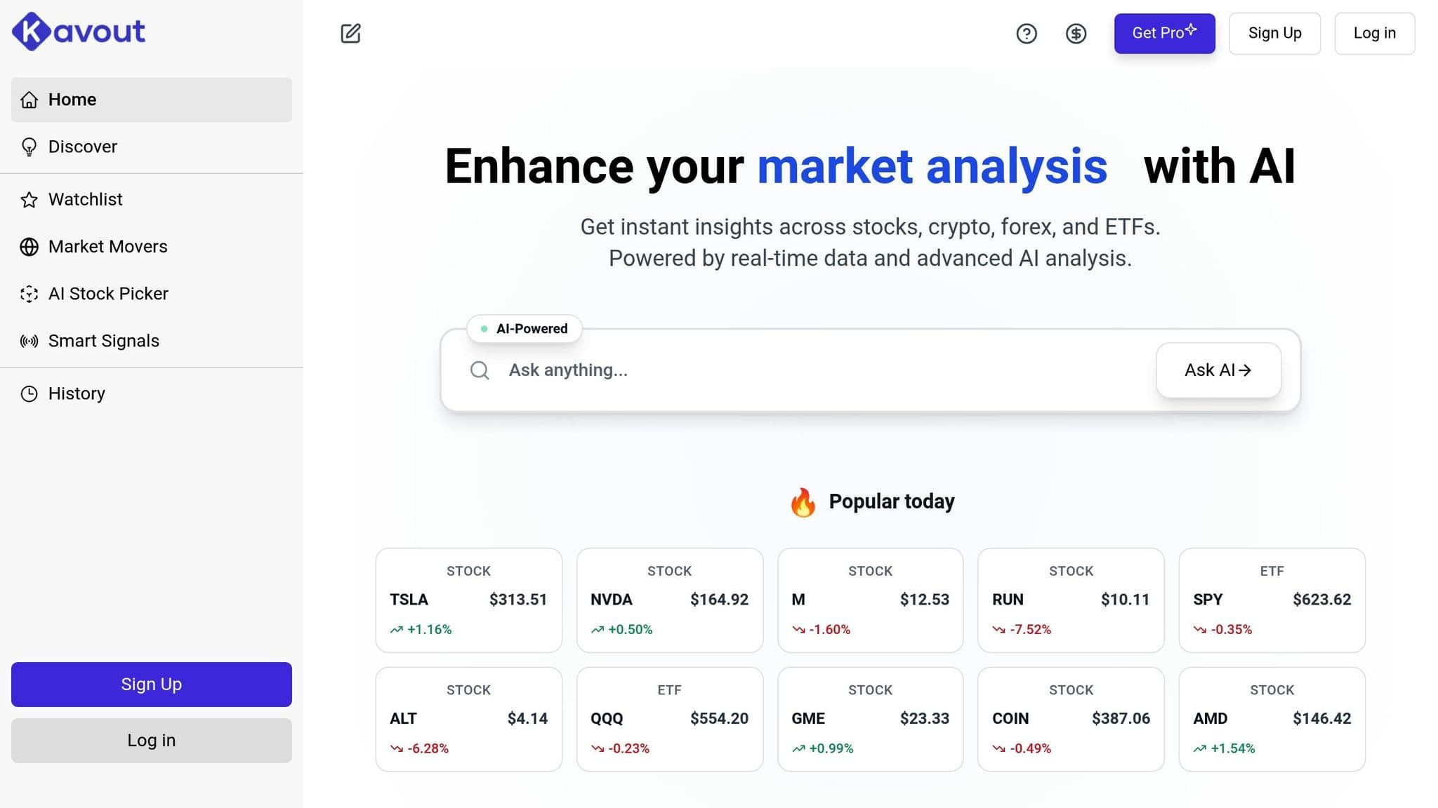 Kavout dashboard with AI market analysis, stock watchlists and research tools