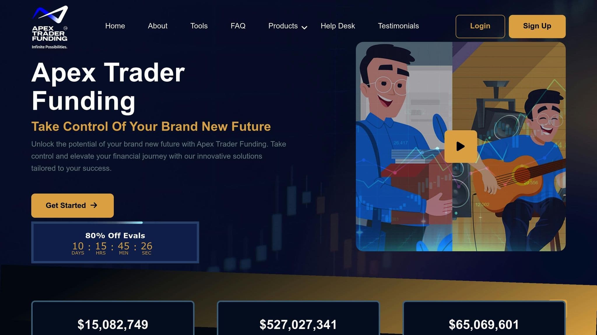 Apex Trader Funding homepage introducing its trader evaluation program