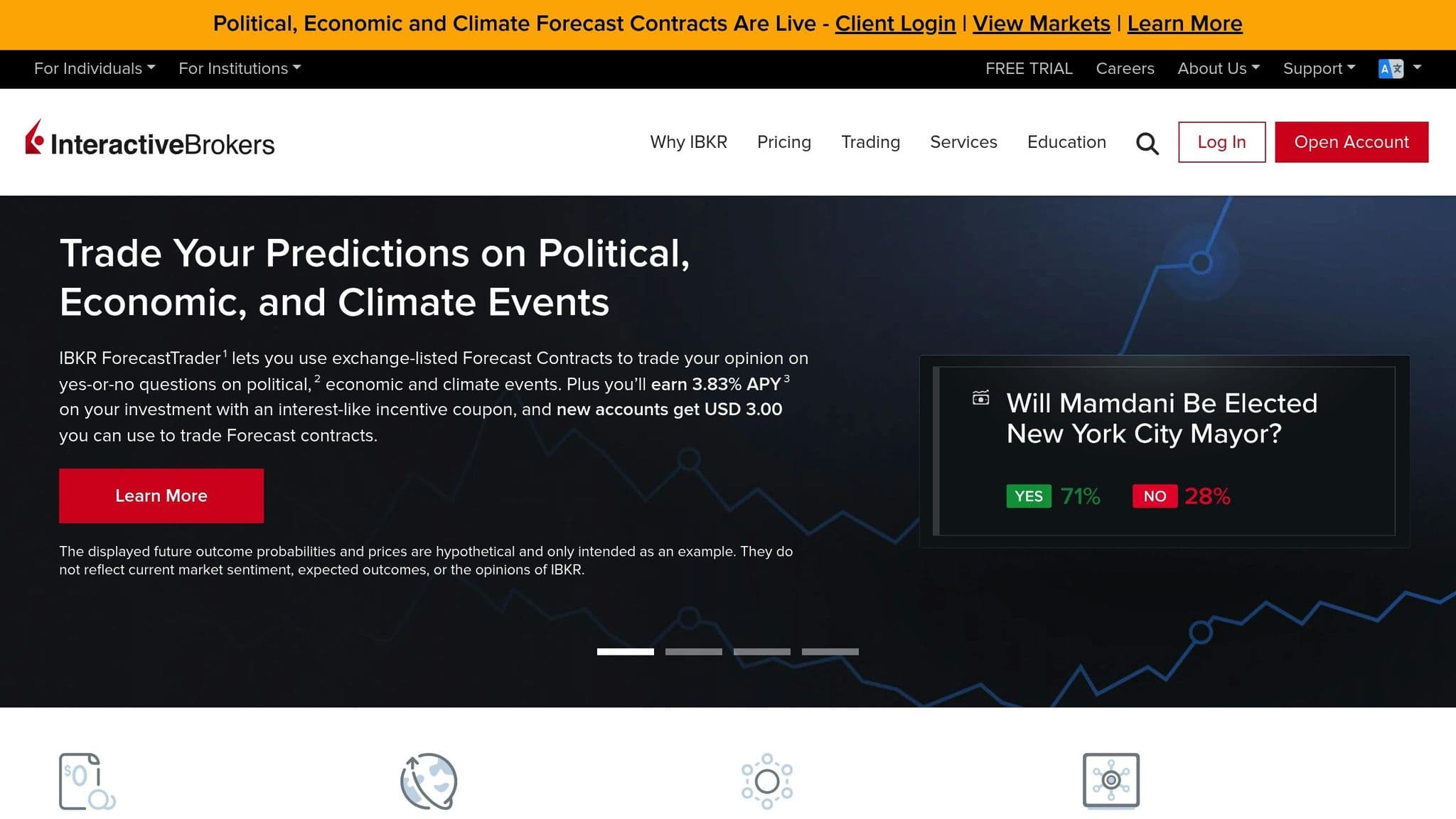 Interactive Brokers homepage introducing event contracts and brokerage services