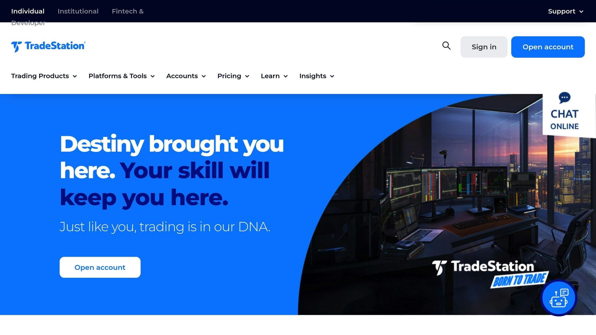 TradeStation homepage with brokerage account options and trading platforms