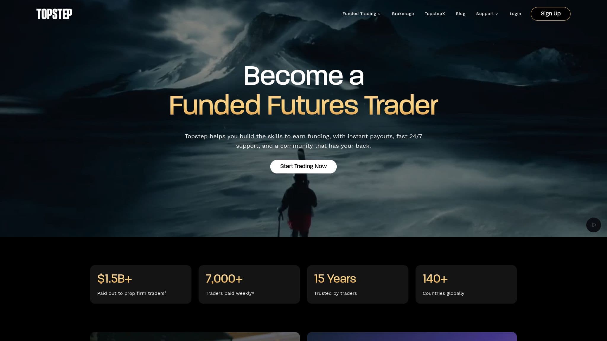Topstep homepage with its Become a Funded Futures Trader headline and payout stats, October 2026