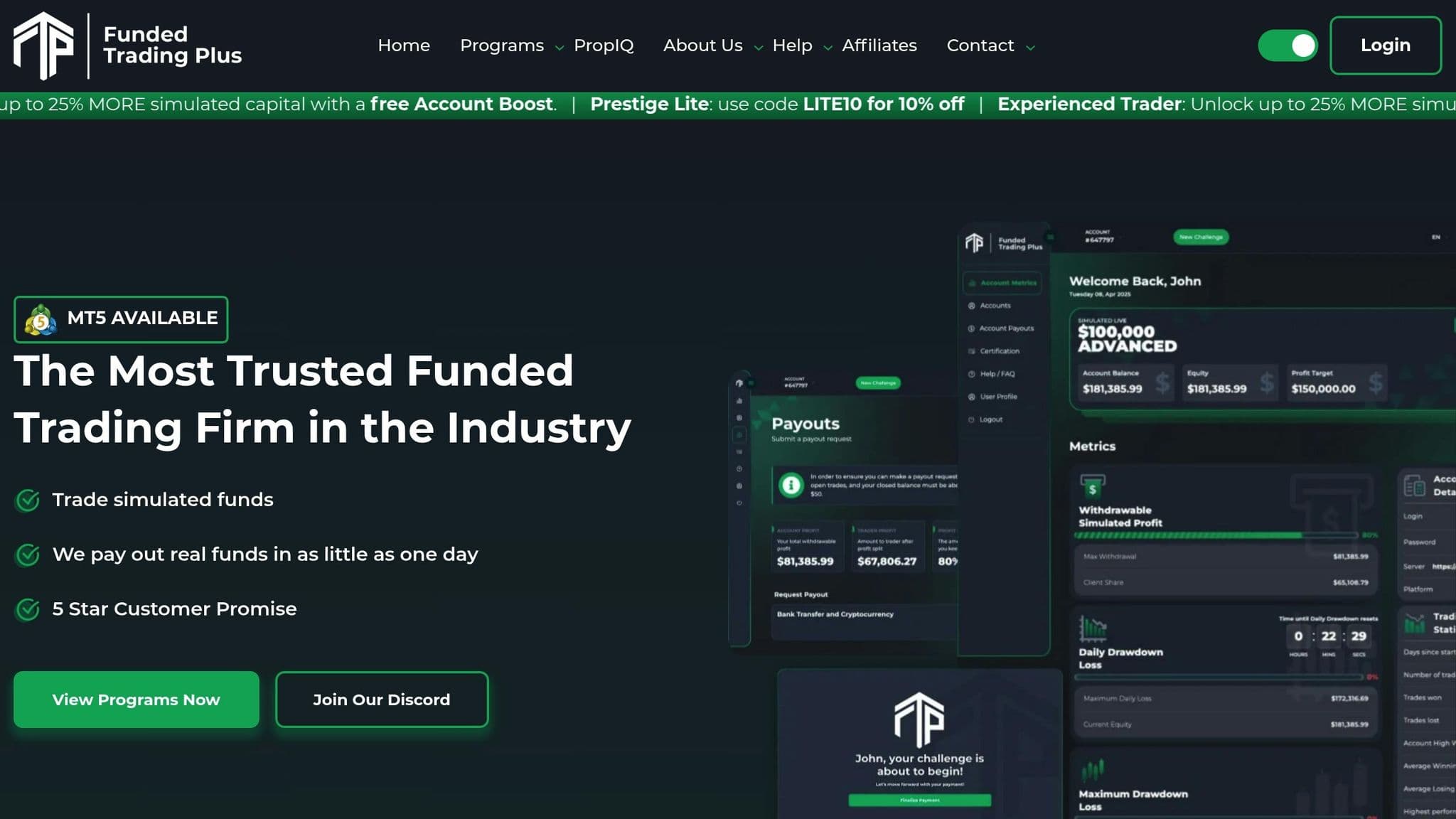 Funded Trading Plus homepage introducing its trader funding programs
