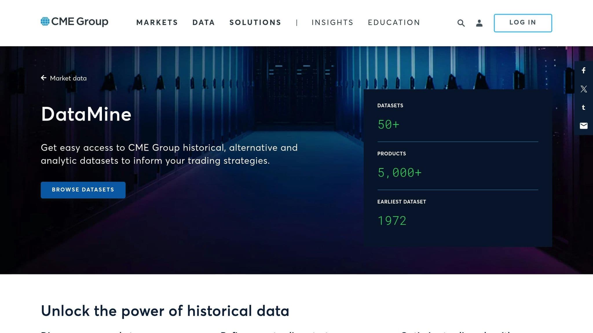 CME DataMine page introducing historical market data downloads