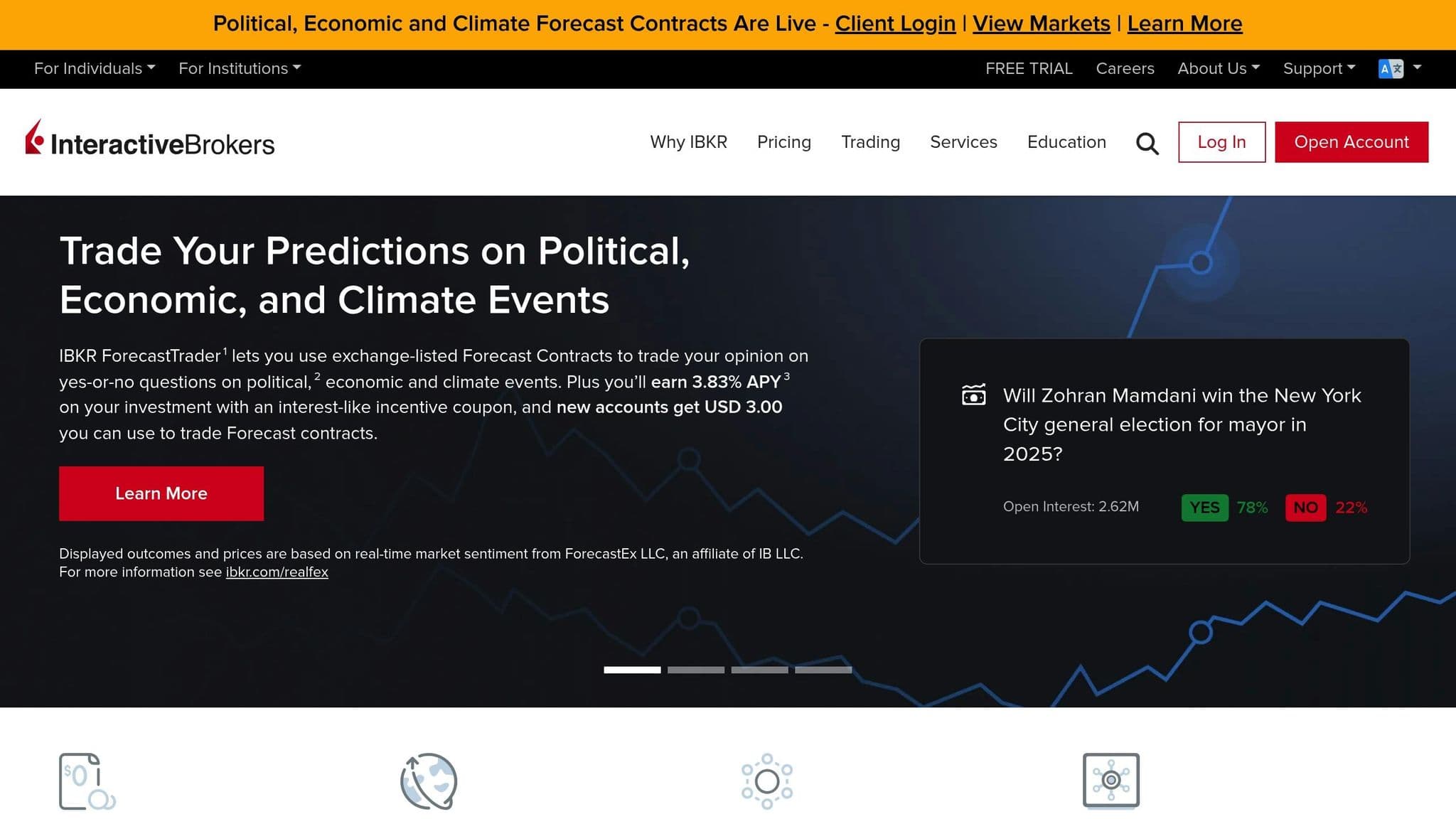 Interactive Brokers homepage introducing event contracts and trading services