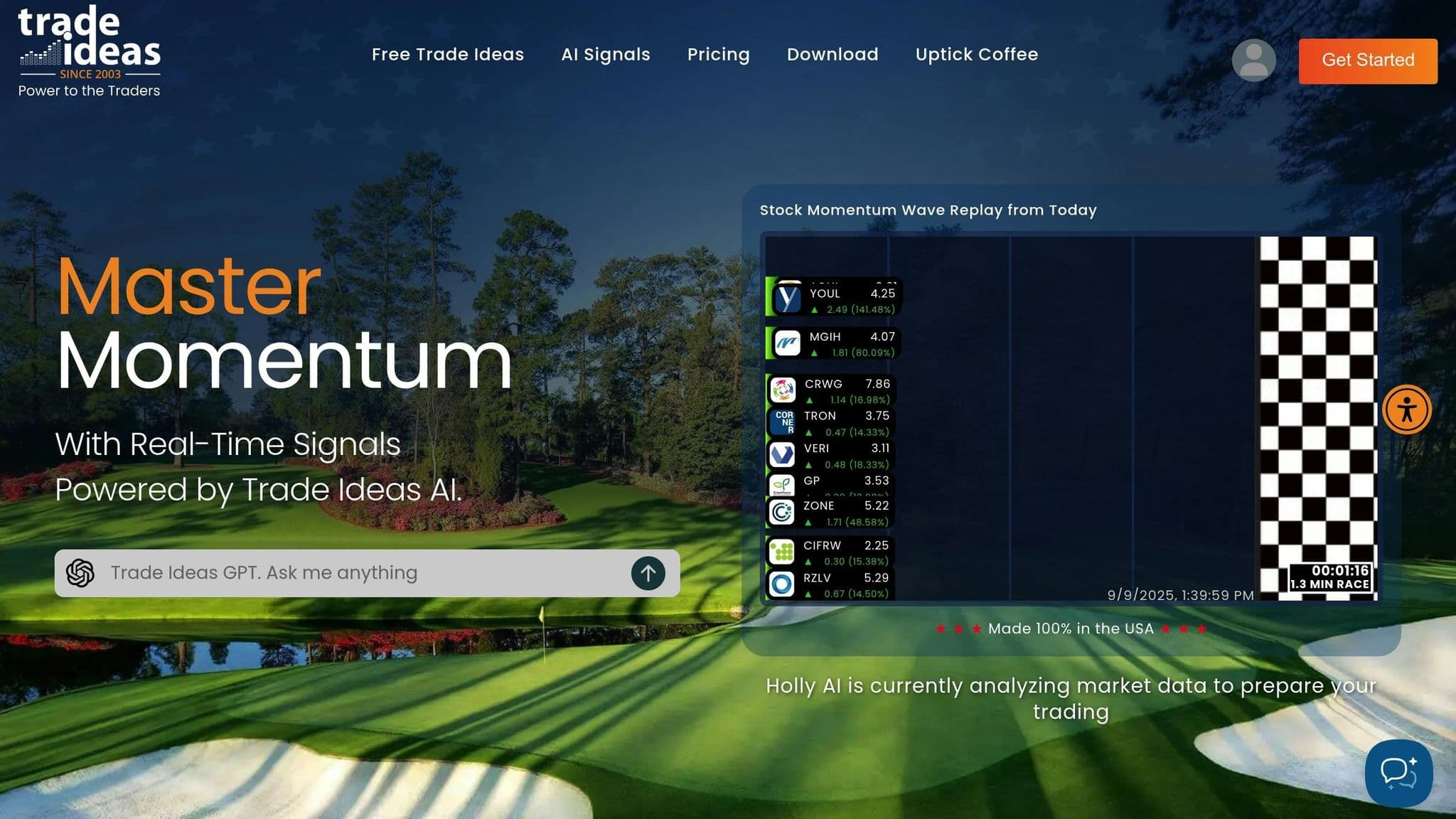Trade Ideas homepage with real-time stock momentum signals
