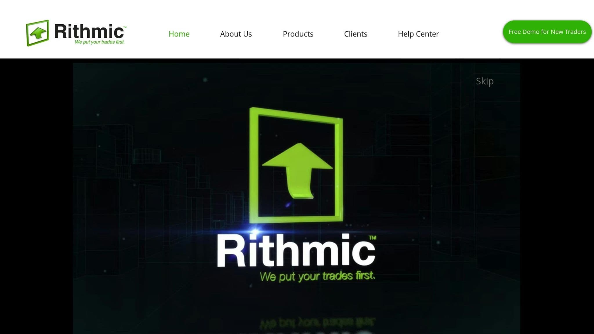 Rithmic homepage displaying its trade execution and market data branding
