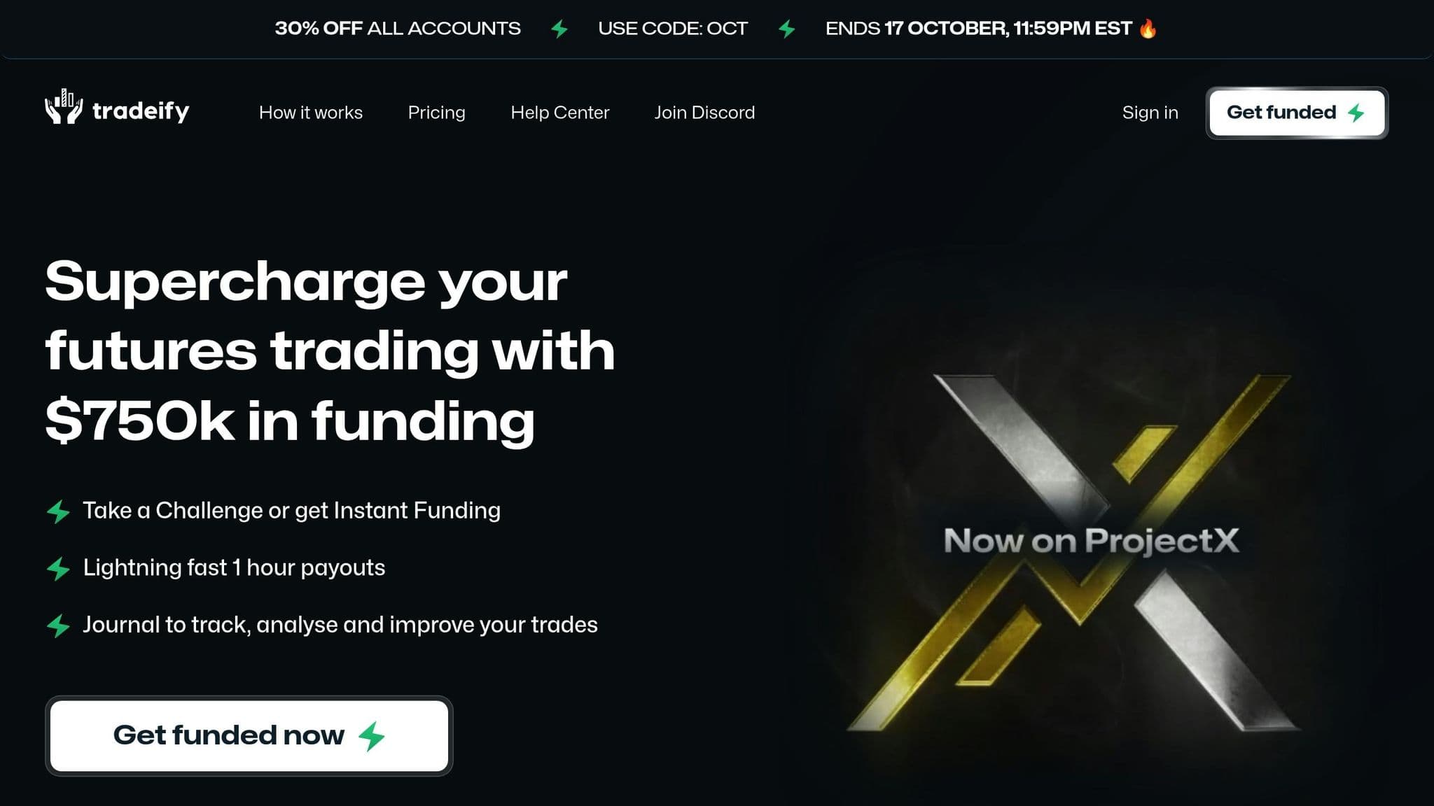 Tradeify homepage introducing its futures evaluation and instant funding accounts