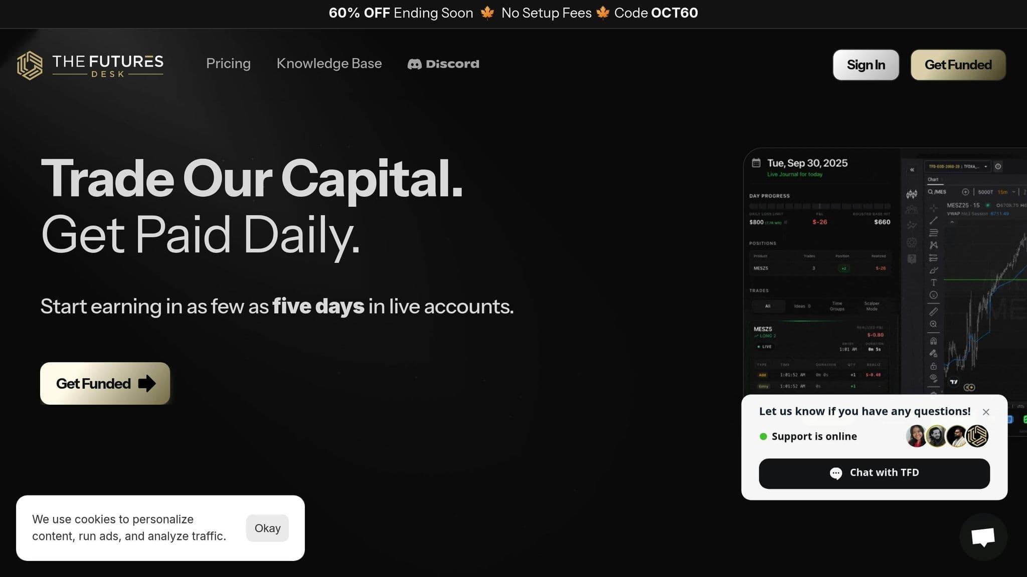 The Futures Desk homepage advertising funded trading and daily payouts