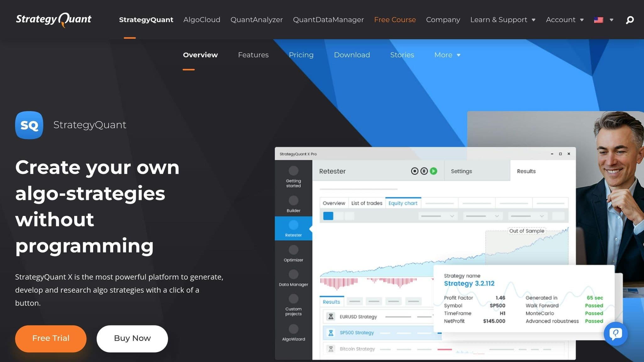 StrategyQuant X homepage showing its automated strategy building software