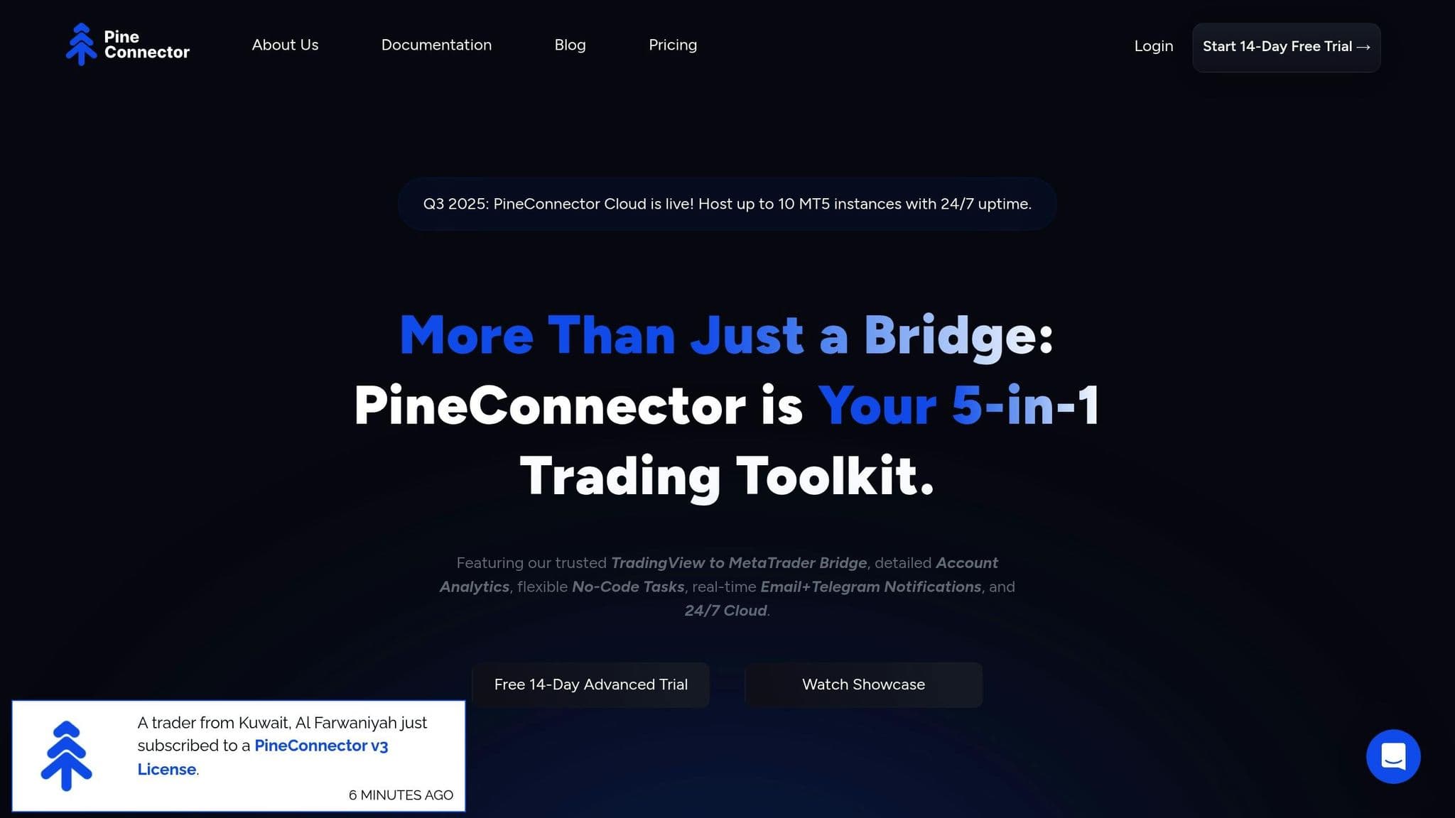 PineConnector homepage describing its TradingView-to-MetaTrader automation toolkit