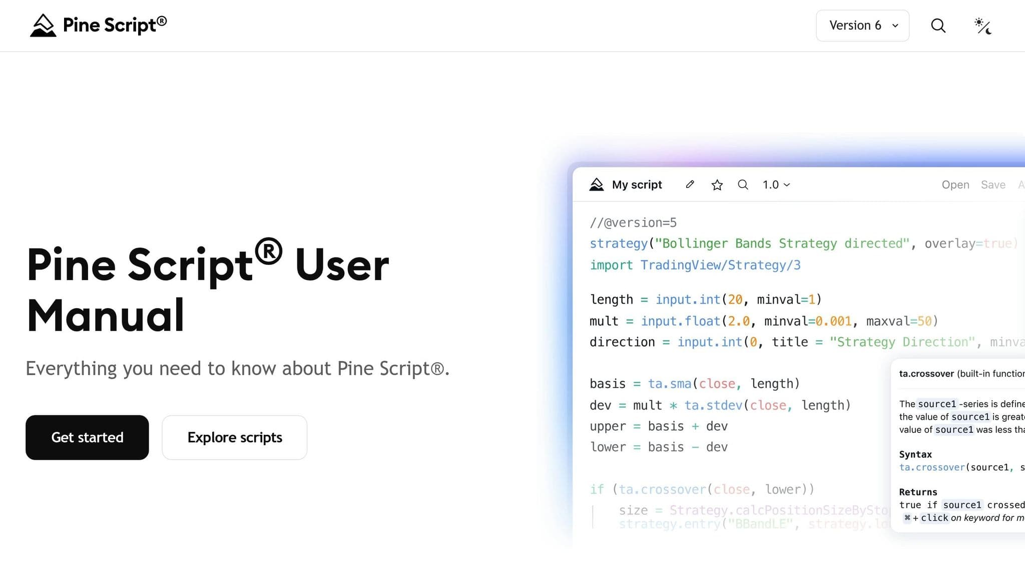 TradingView Pine Script user manual homepage with a strategy code example