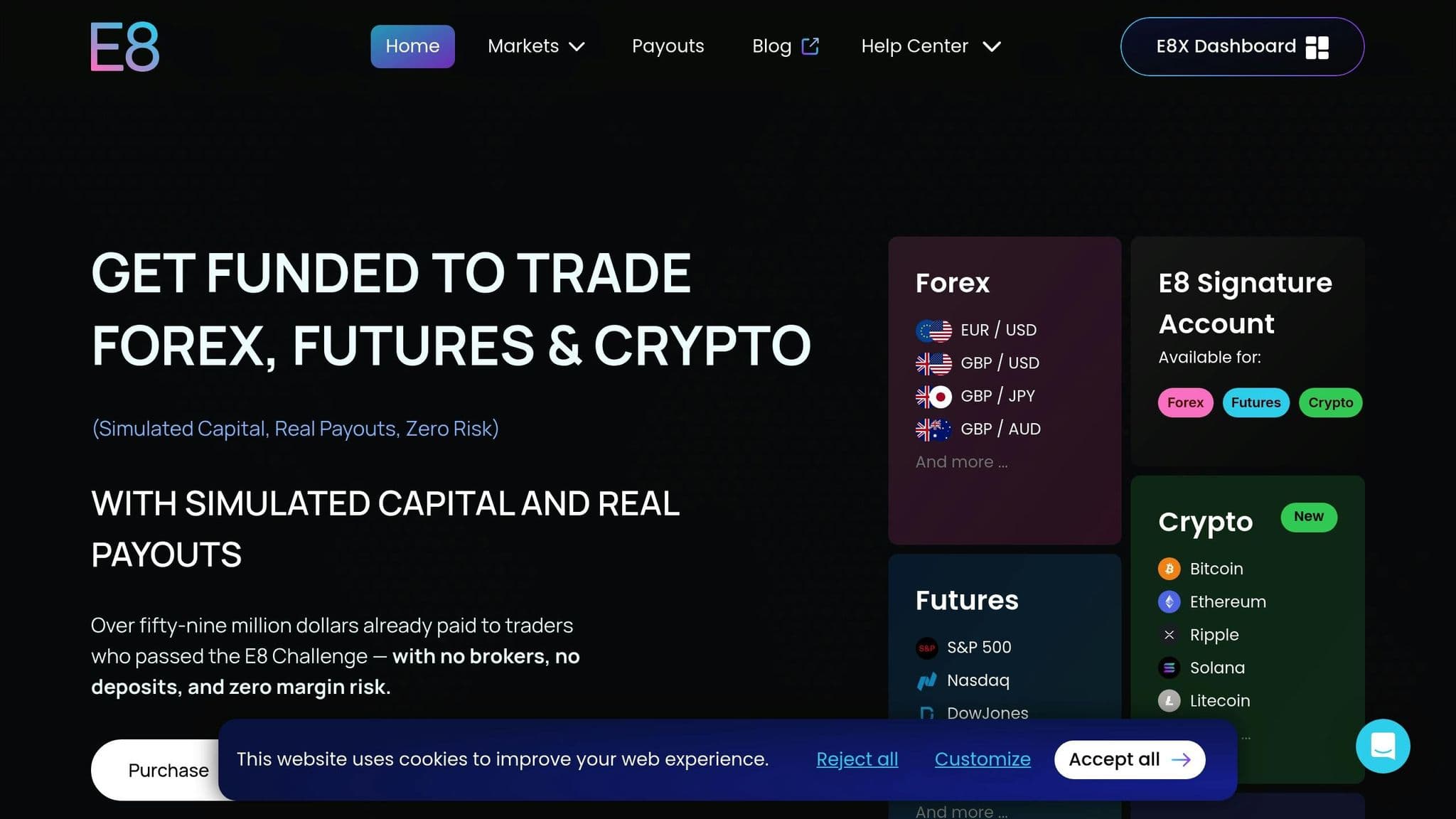 E8 Markets homepage introducing its forex, futures and crypto funding programs