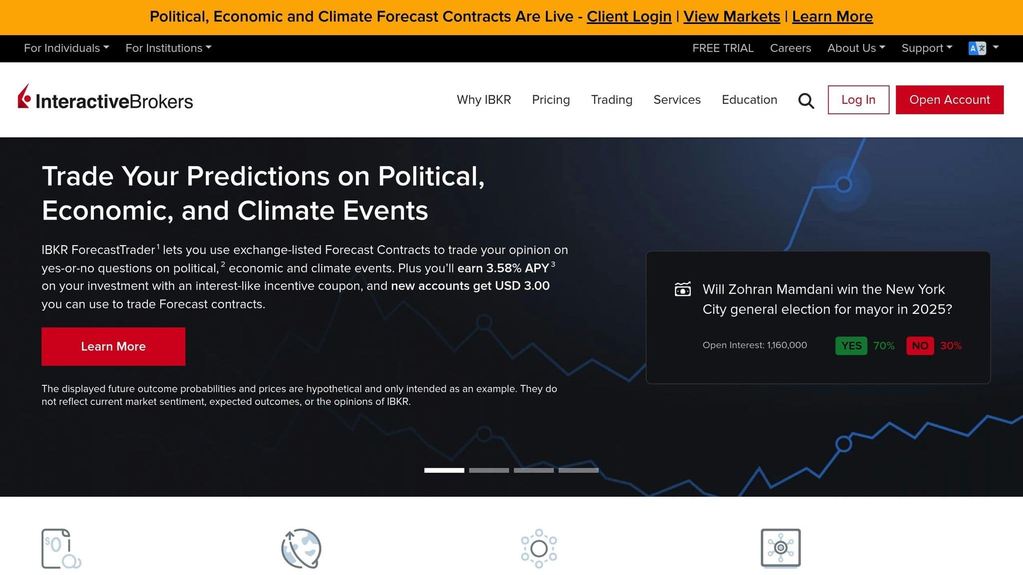 Interactive Brokers homepage introducing event contracts and brokerage services