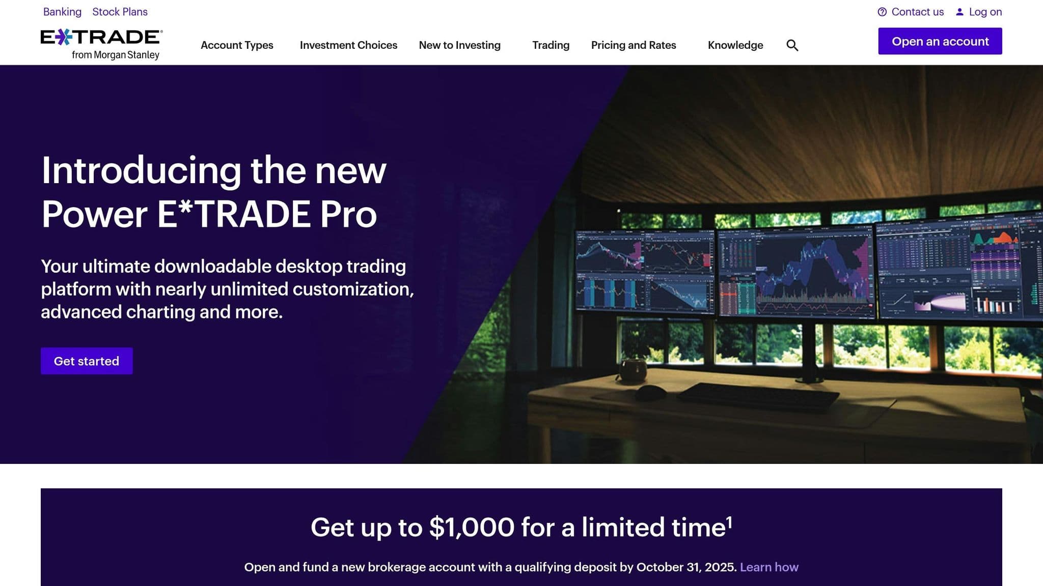 E*TRADE homepage introducing brokerage accounts and investment products