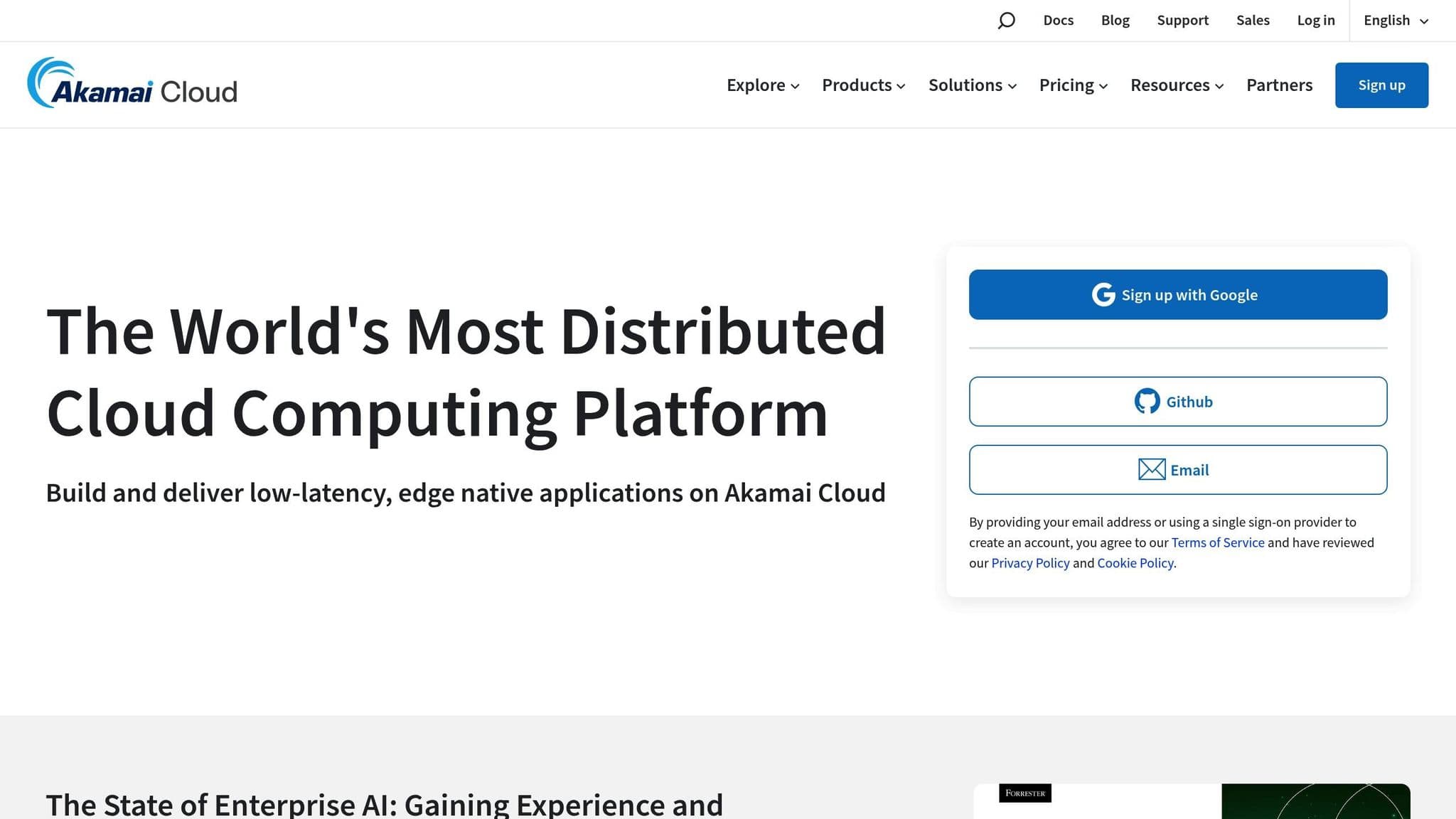 Akamai Cloud homepage introducing its cloud computing platform and signup options