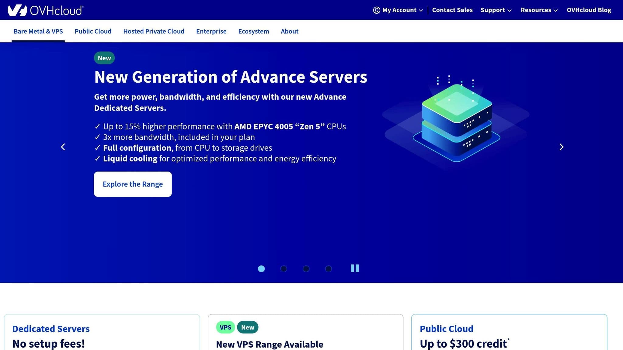 OVHcloud homepage introducing dedicated servers and cloud services