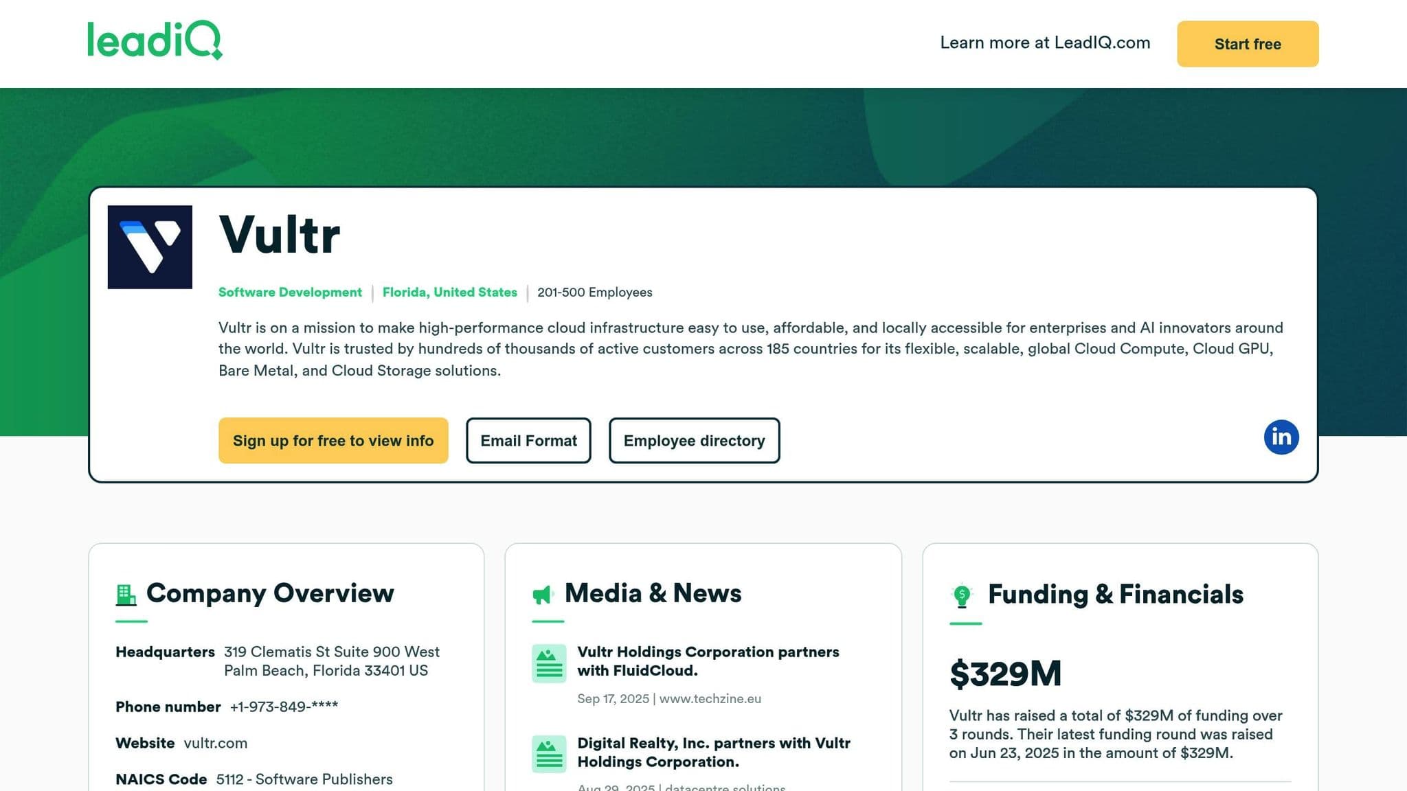 LeadIQ company profile for Vultr with company information and financial details