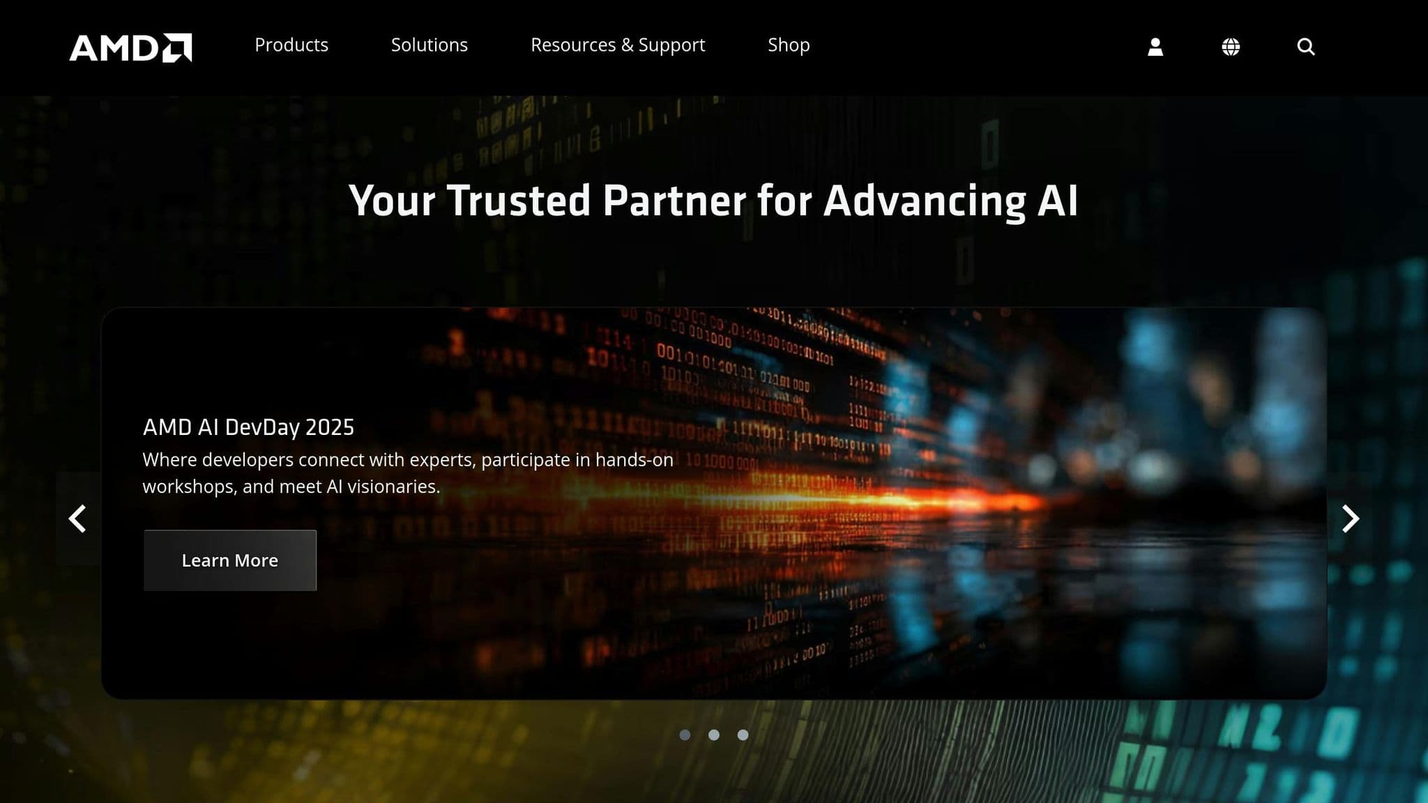 AMD homepage introducing AI computing products and solutions