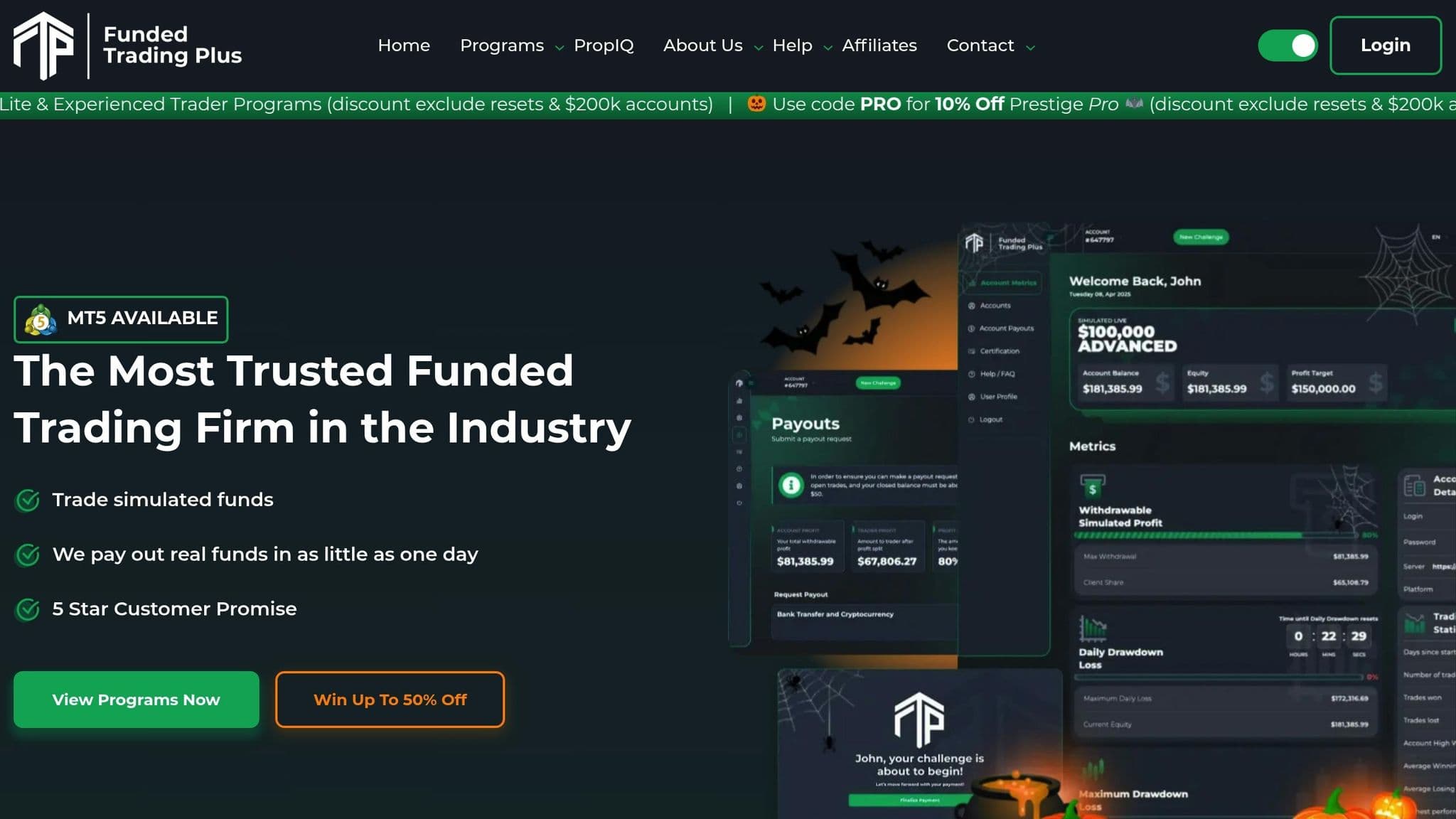 Funded Trading Plus homepage introducing its trader funding programs