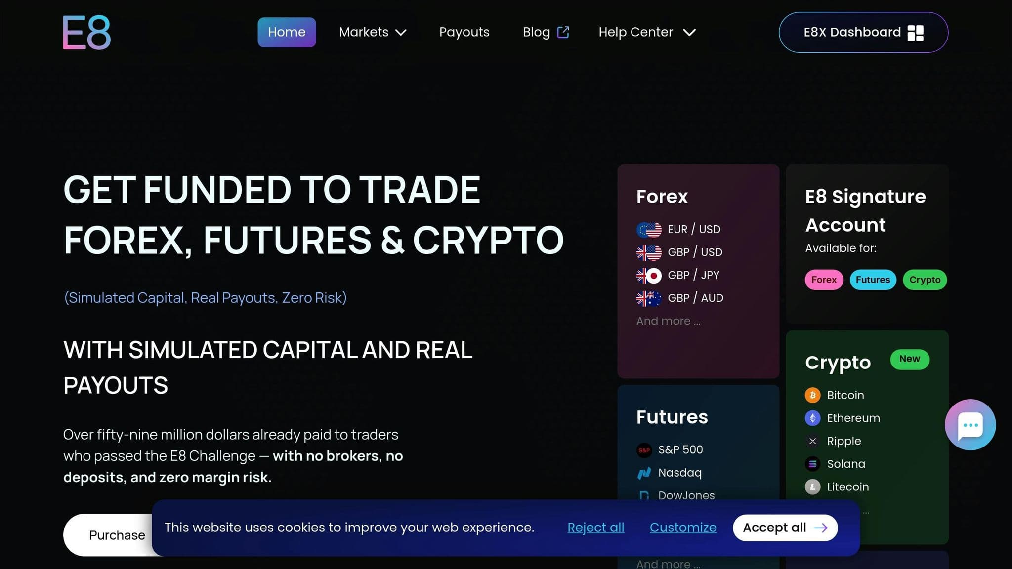 E8 Markets homepage introducing its forex, futures and crypto funding programs