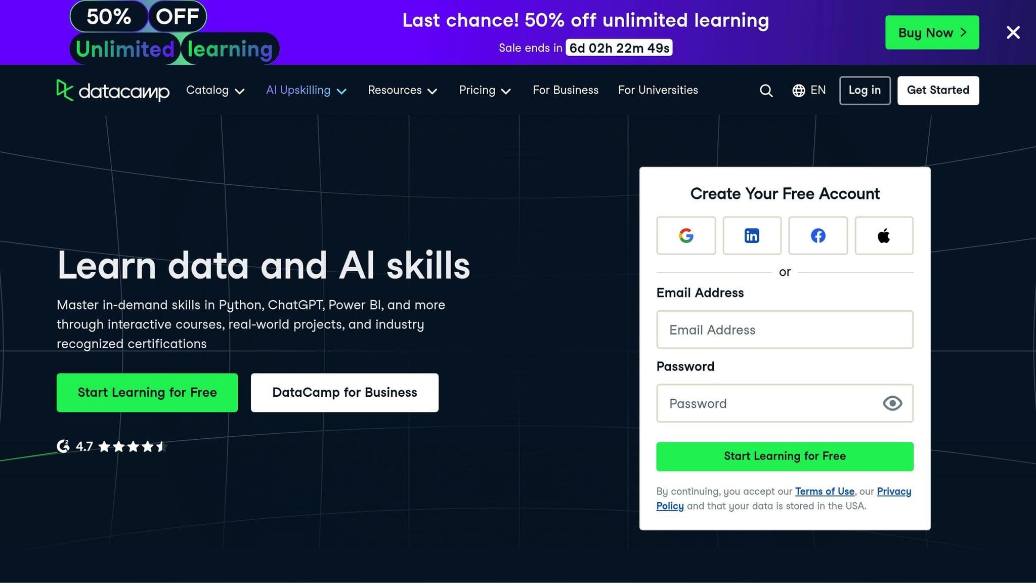 DataCamp homepage with account registration and data learning options