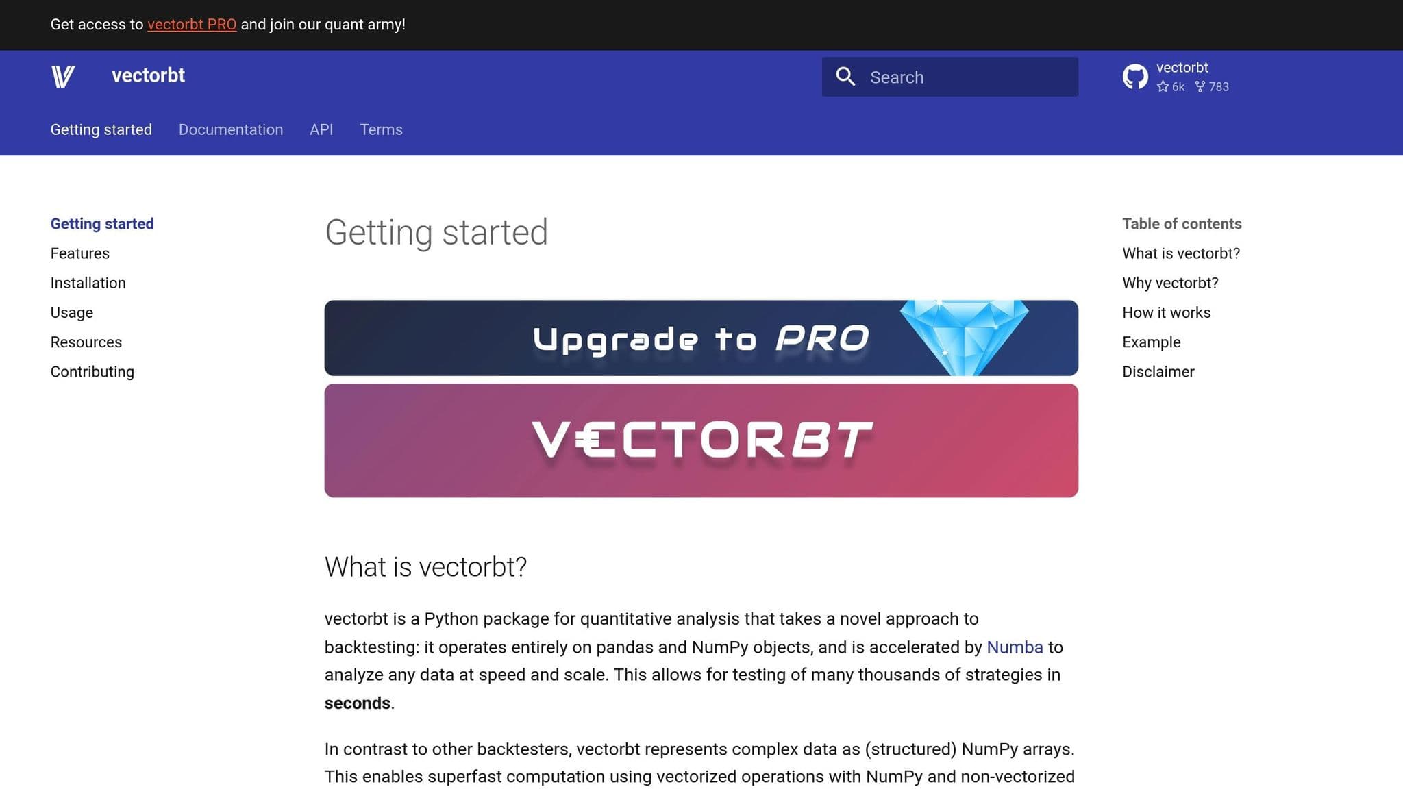 Vectorbt documentation with Python backtesting features and getting started guide
