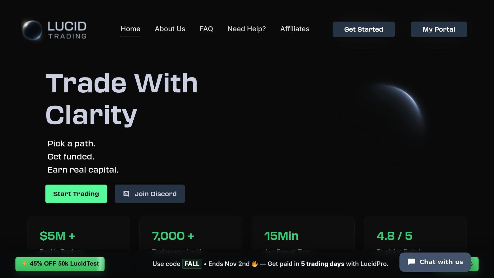 Lucid Trading homepage introducing its trader funding programs